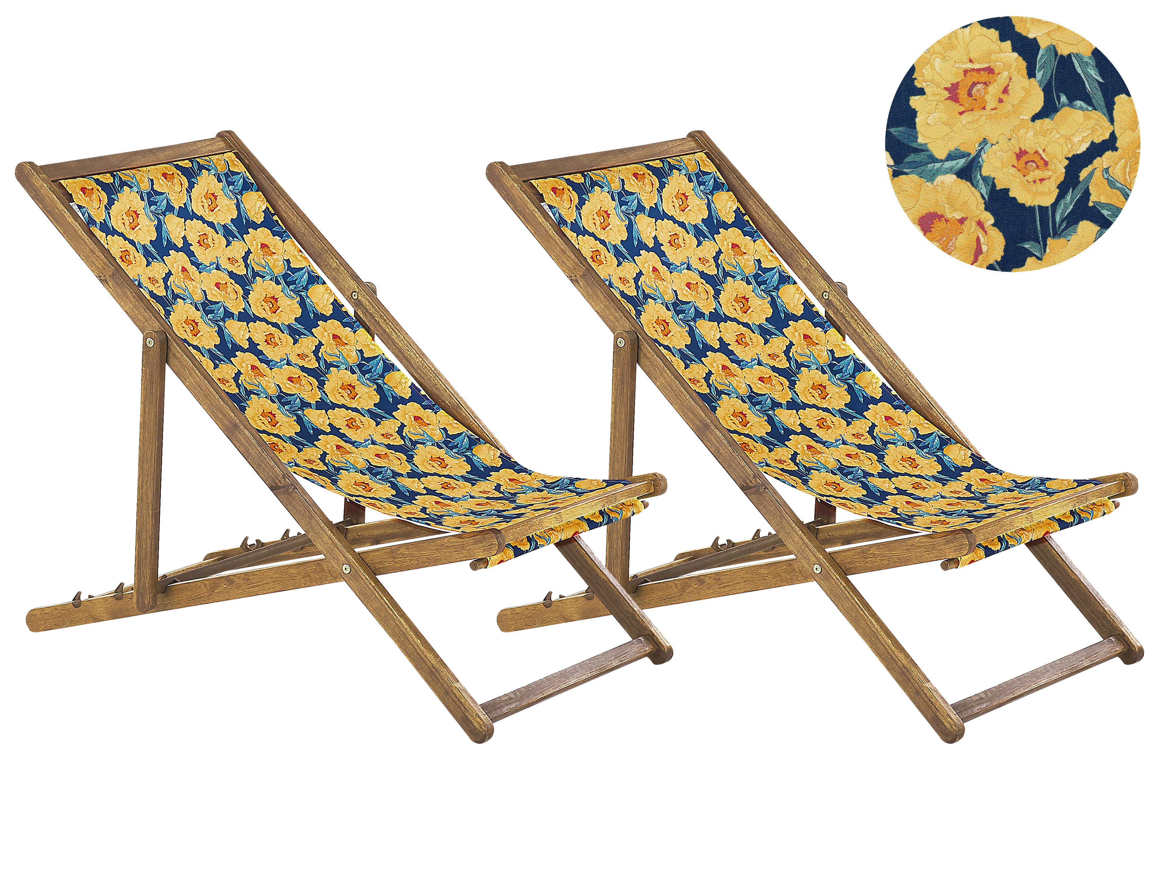 Set of 2 Folding Deck Chairs ANZIO with Replacement Fabrics Floral Motif Acacia Wood Light Brown