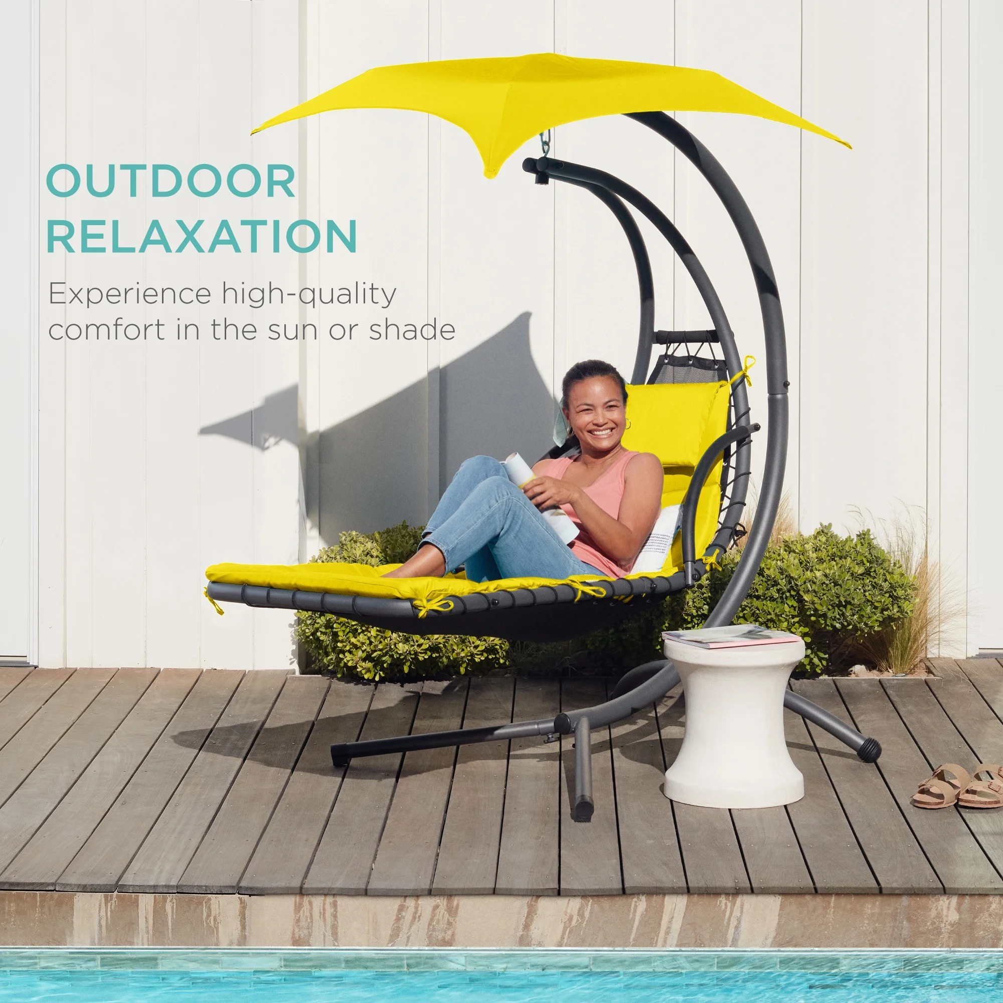 Best Choice Products Hanging Curved Chaise Lounge Chair Swing for Backyard, Patio w/ Pillow, Shade, Stand - Teal - Image 111