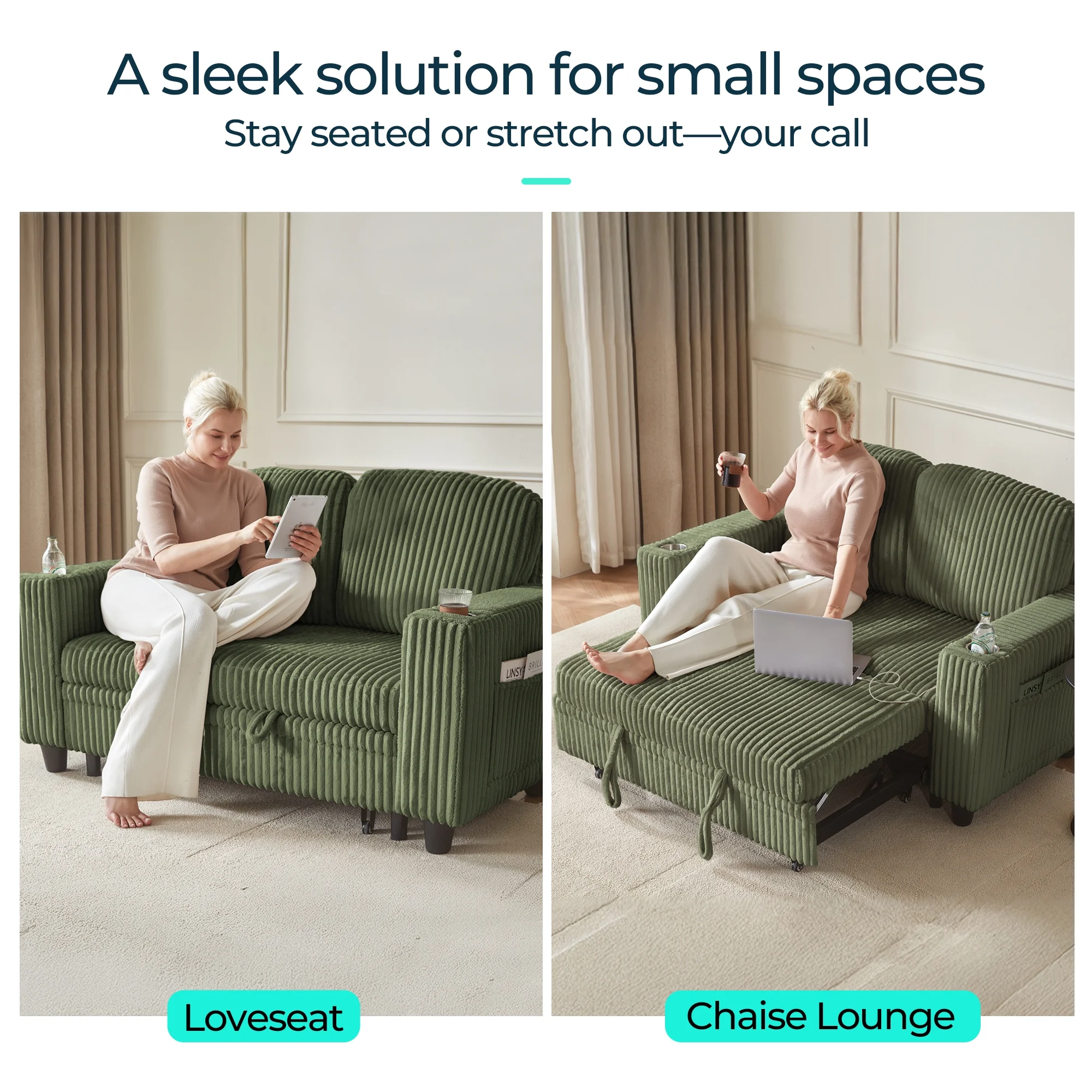 Linsy Home Plush Corduroy Pull Out Couch Chaise Lounge, Convertible Loveseat Sofa Couch With Usb & Cup Holder, Green - Image 9