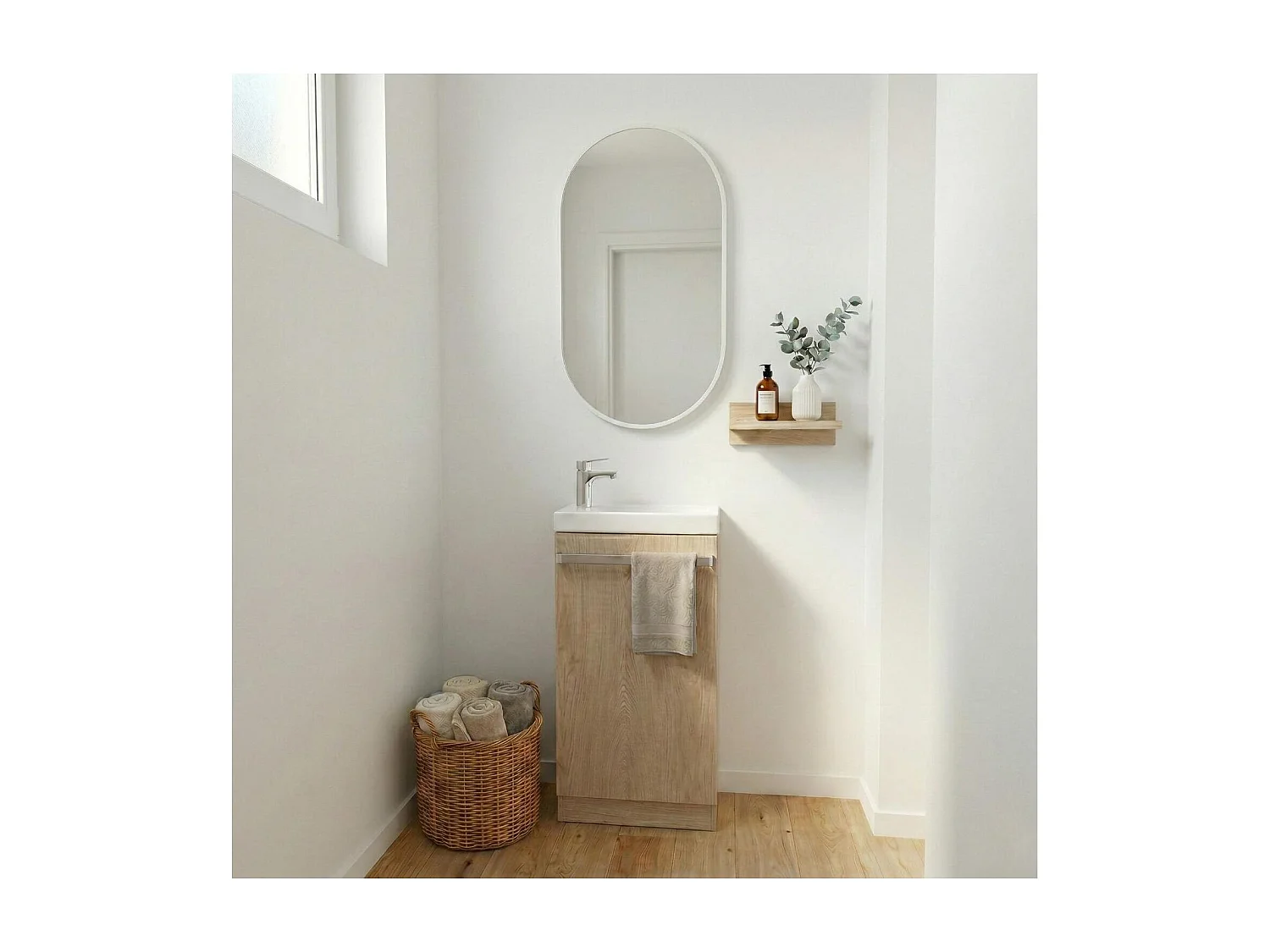Meuble lave-mains sur pieds JOHANN décor chêne + vasque + robinet + miroir