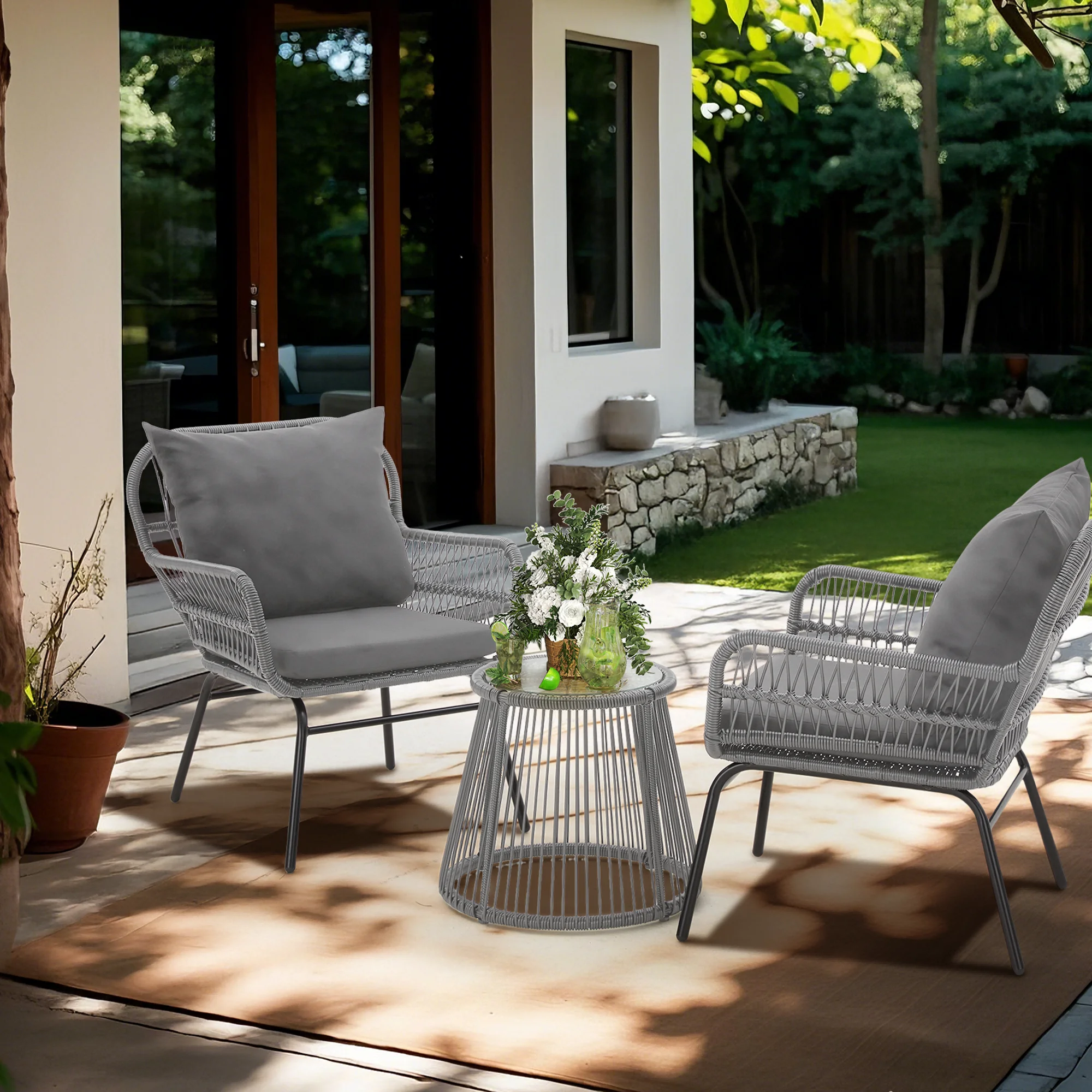 Bezseller 3-Piece Outdoor Wicker Furniture Set, Patio Conversation Set, Gray - Image 2