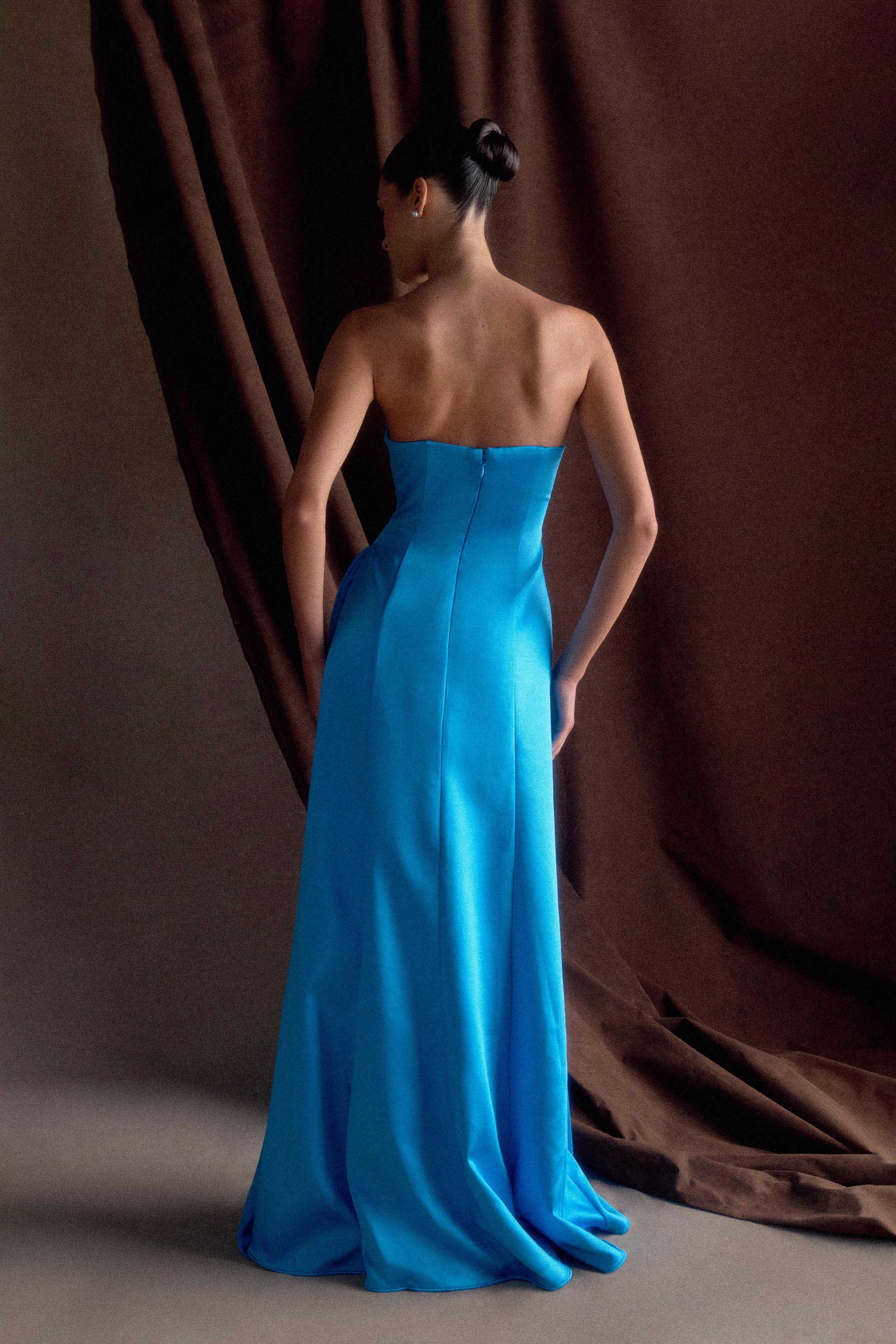 Rosella Satin Strapless Maxi Dress - Cyan Blue