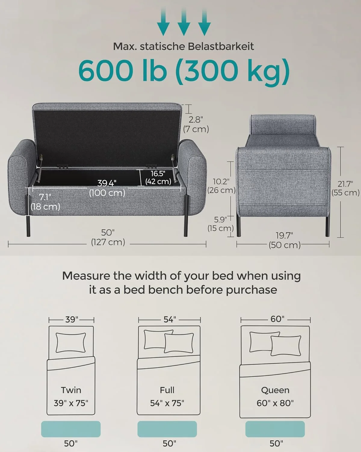 SONGMICS 46.5" Storage Ottoman Bench Storage Bench Bedroom Bench 330lb Load Capacity Solid Wood Legs Light Gray - Image 25