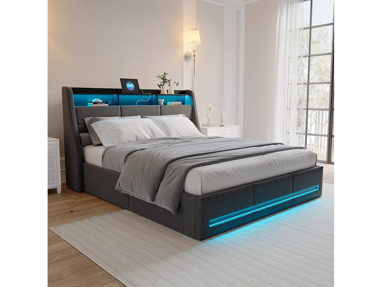 Lit 140×190 cm avec LED, USB et sommier – Coffre avec rangement, tête de lit, gris