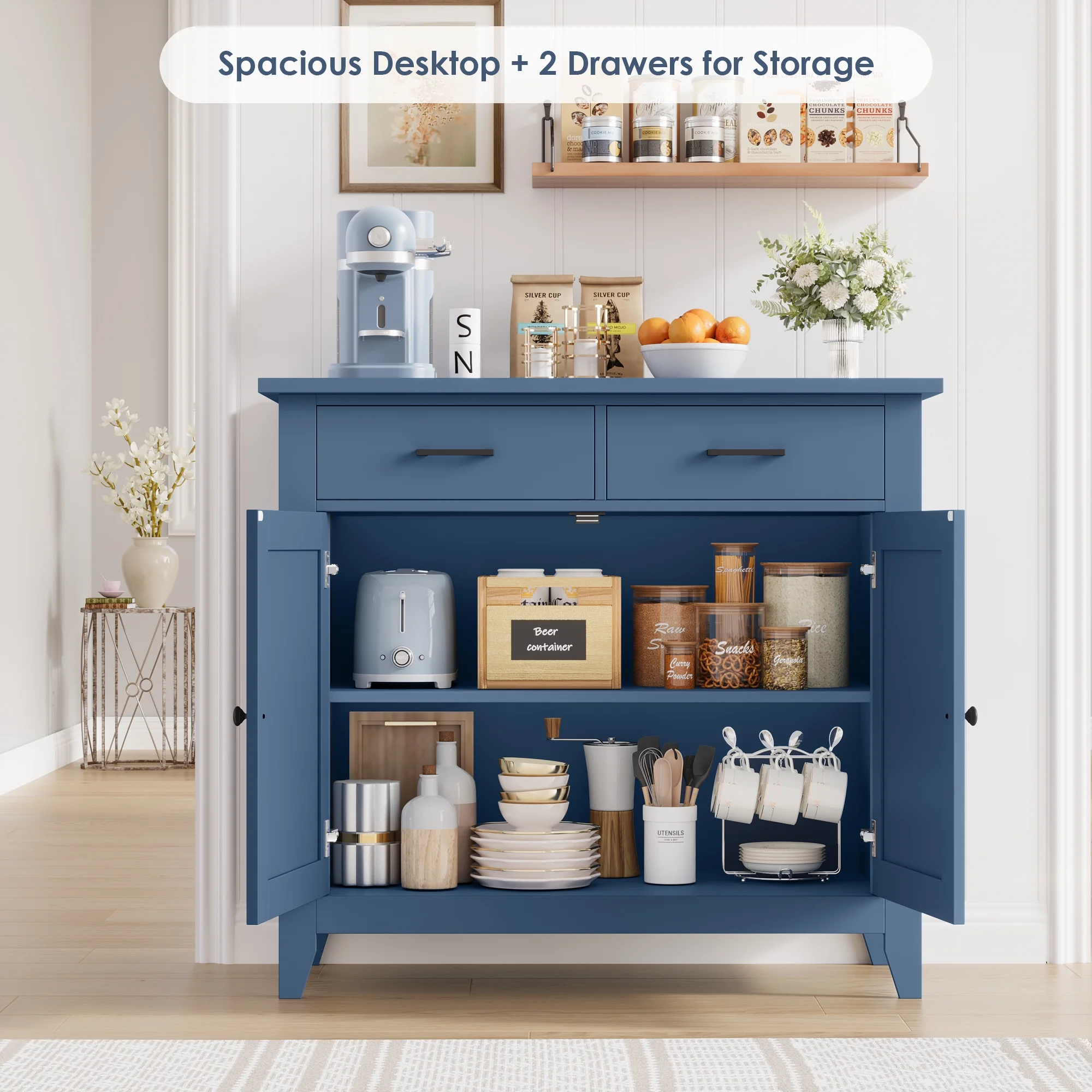 Homfa Entryway Cabinet, Kitchen Storage Cabinet, Farmhouse Buffet Sideboard with 2 Drawers and 2 Doors,Coffee Bar with Storage for Dining Room Living Room,White - Image 40