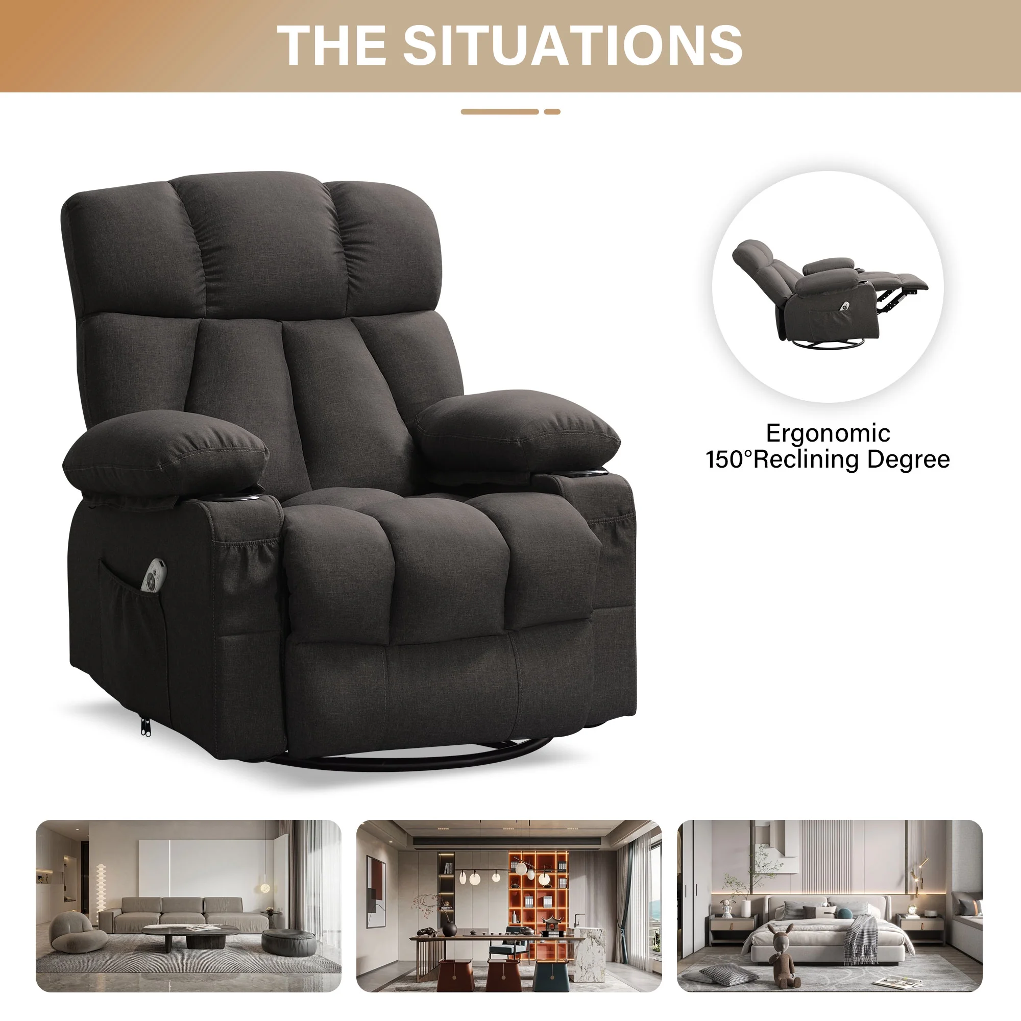JONPONY Manual Recliner Chair with Heat Therapy and Massage Function, Heavy Duty Reclining Mechanism Massage Chair, Elderly Single Rocker Sofa with Cup Holders for Bedroom Home Theater,Grey - Image 67