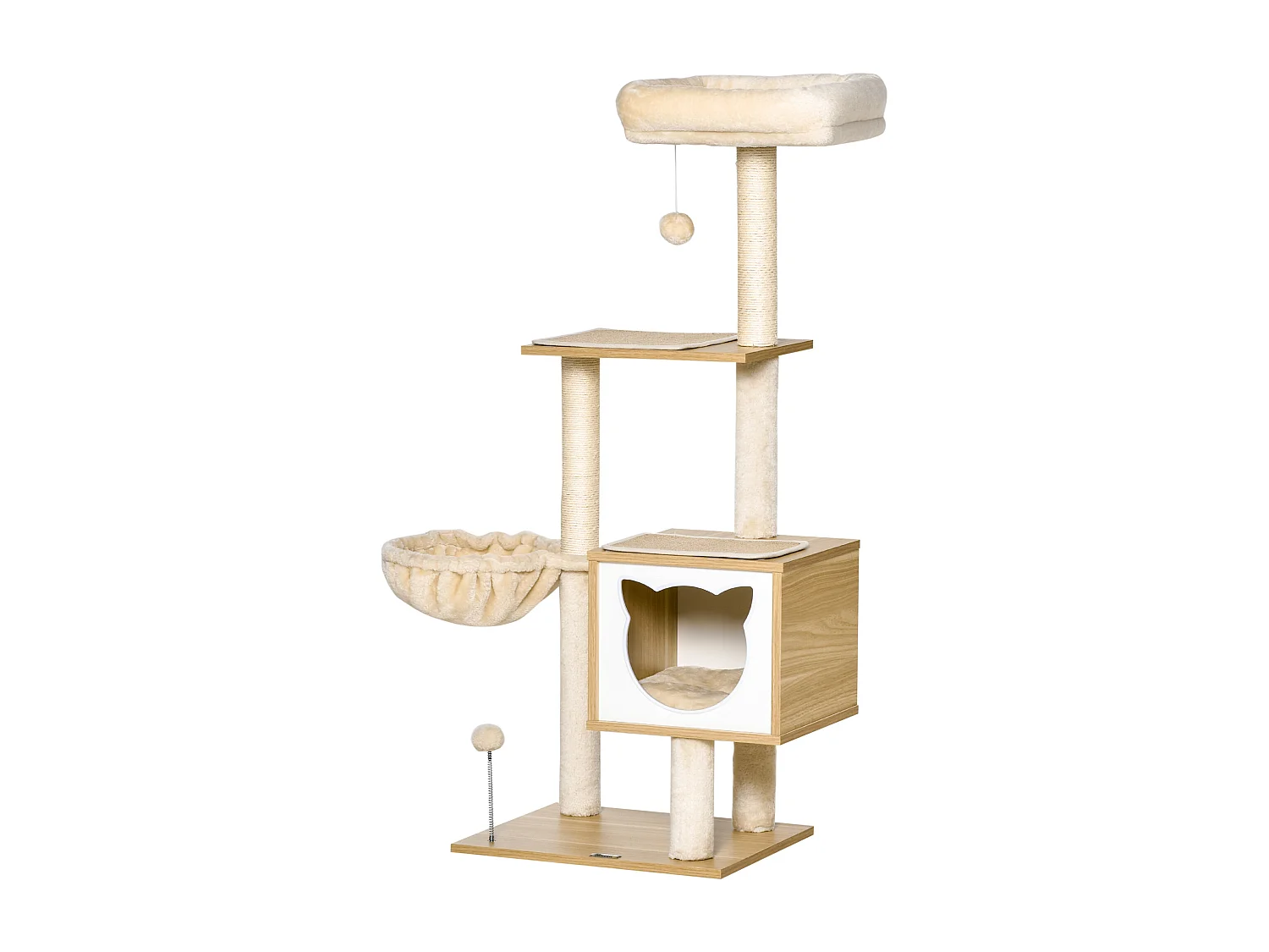 Arbre à chat multi-équipement griffoirs grattoirs niche hamac panier coussins amovibles H126 cm peluche courte sisal naturel beige