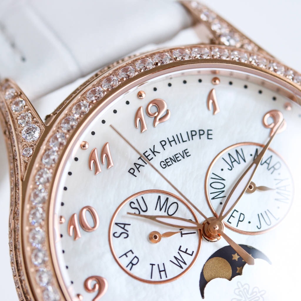 Fake Diamond Watch Patek Philippe Replica 4937R-001 Complications Ladies Annual Calendar Moon Phase 37mm White Mother of Pearl Arabic Rose Gold Diamond Set Leather Date(1:1 replica) - Top club