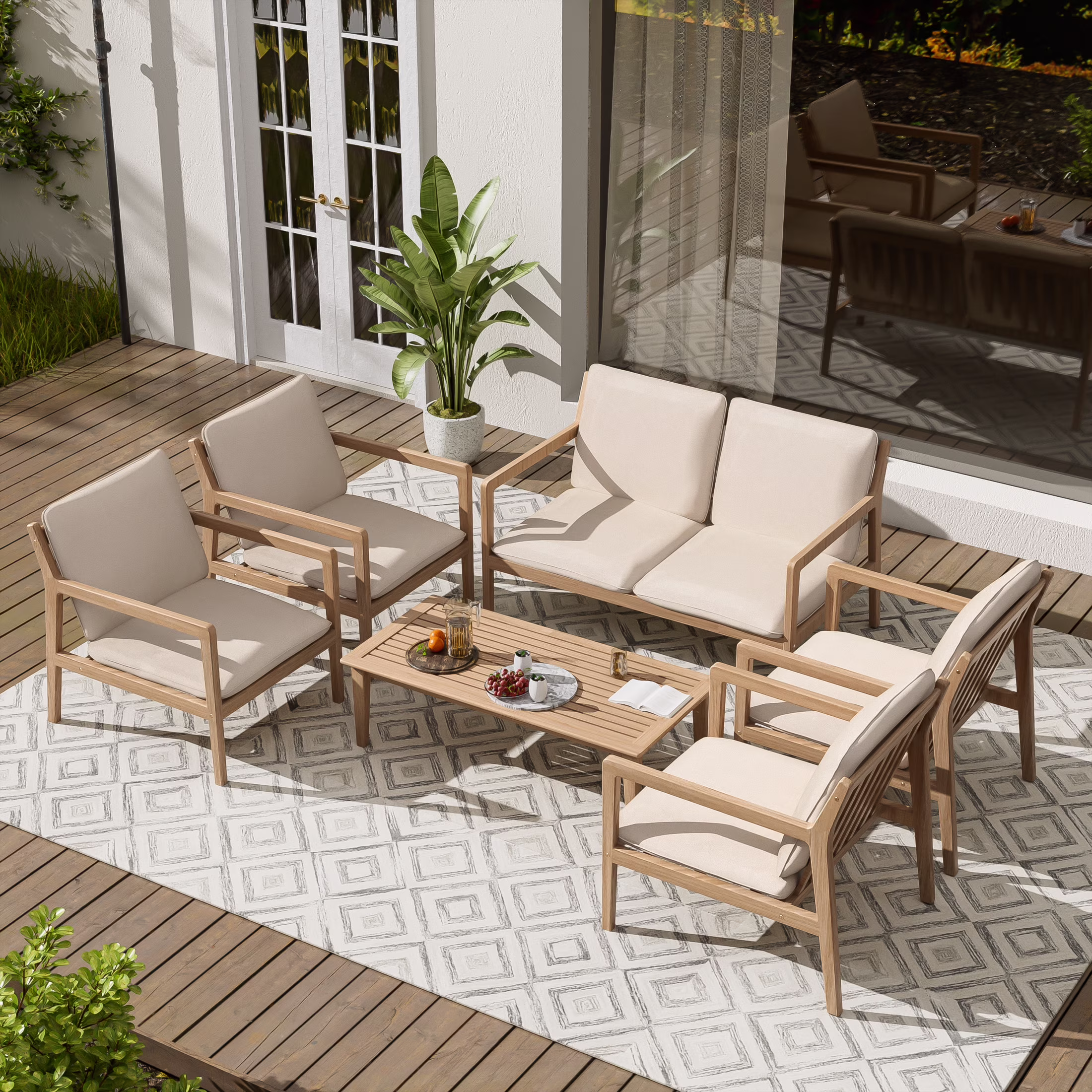 Christopher Knight Home 4-Piece Outdoor Conversation Set, Solid Wood Frame with Beige Cushions, Light Teak