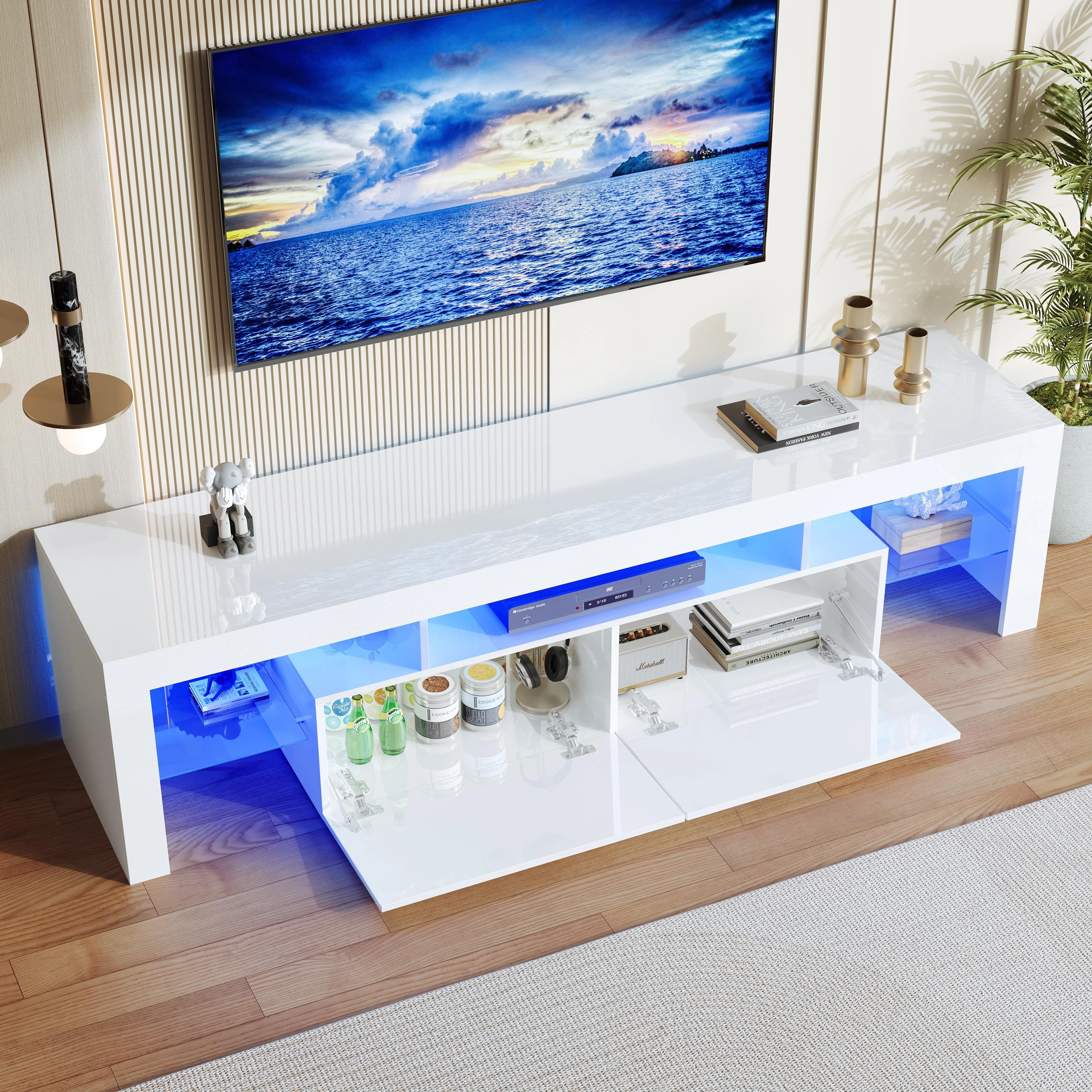 PAPROOS TV Stand for TVs up to 70", High Gloss TV Cabinet with LED Light, Modern TV Console Table with Storage Drawers, Media Television Stand Entertainment Center, White - Image 2