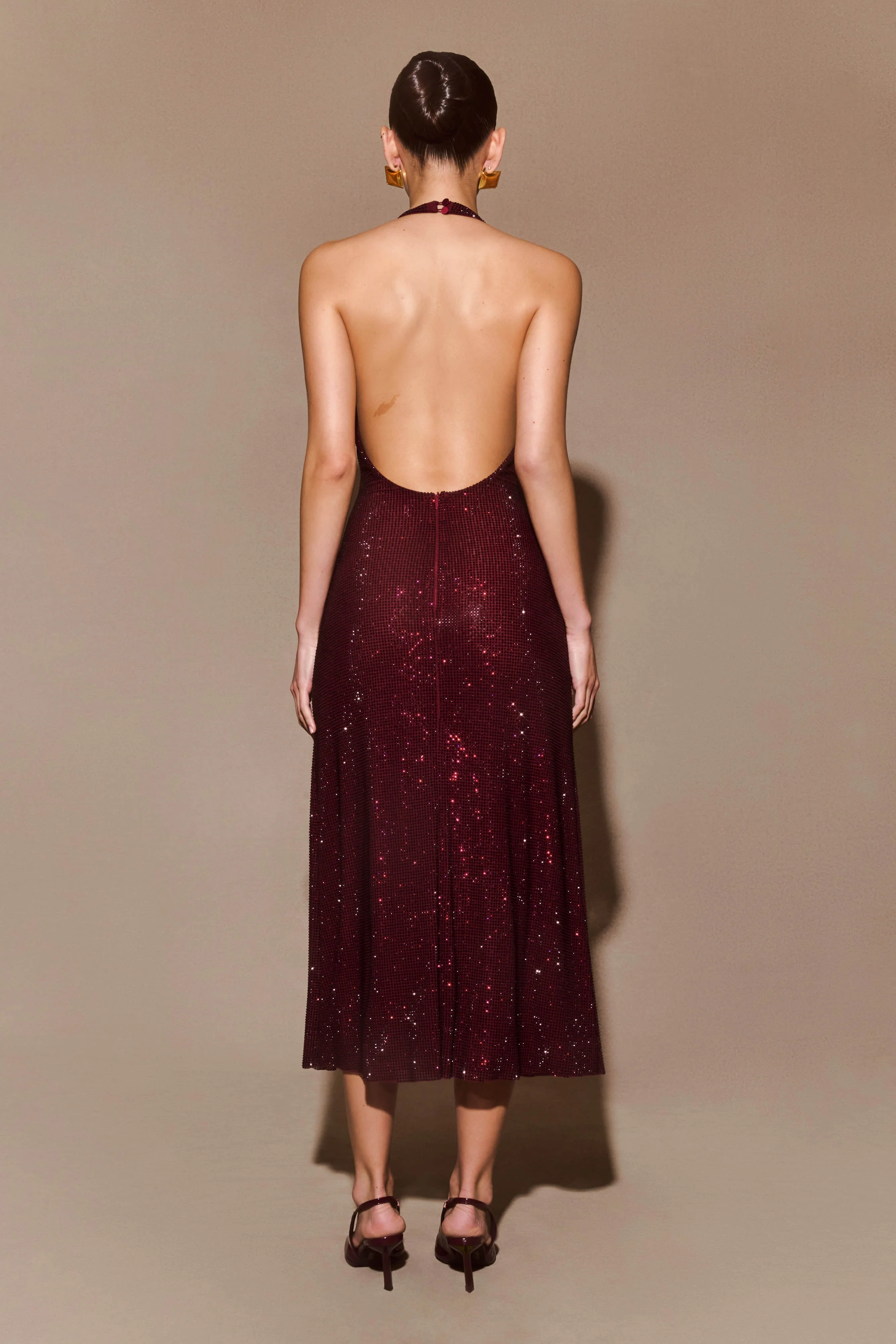 Genie Diamante Halter Midi Dress - Mahogany