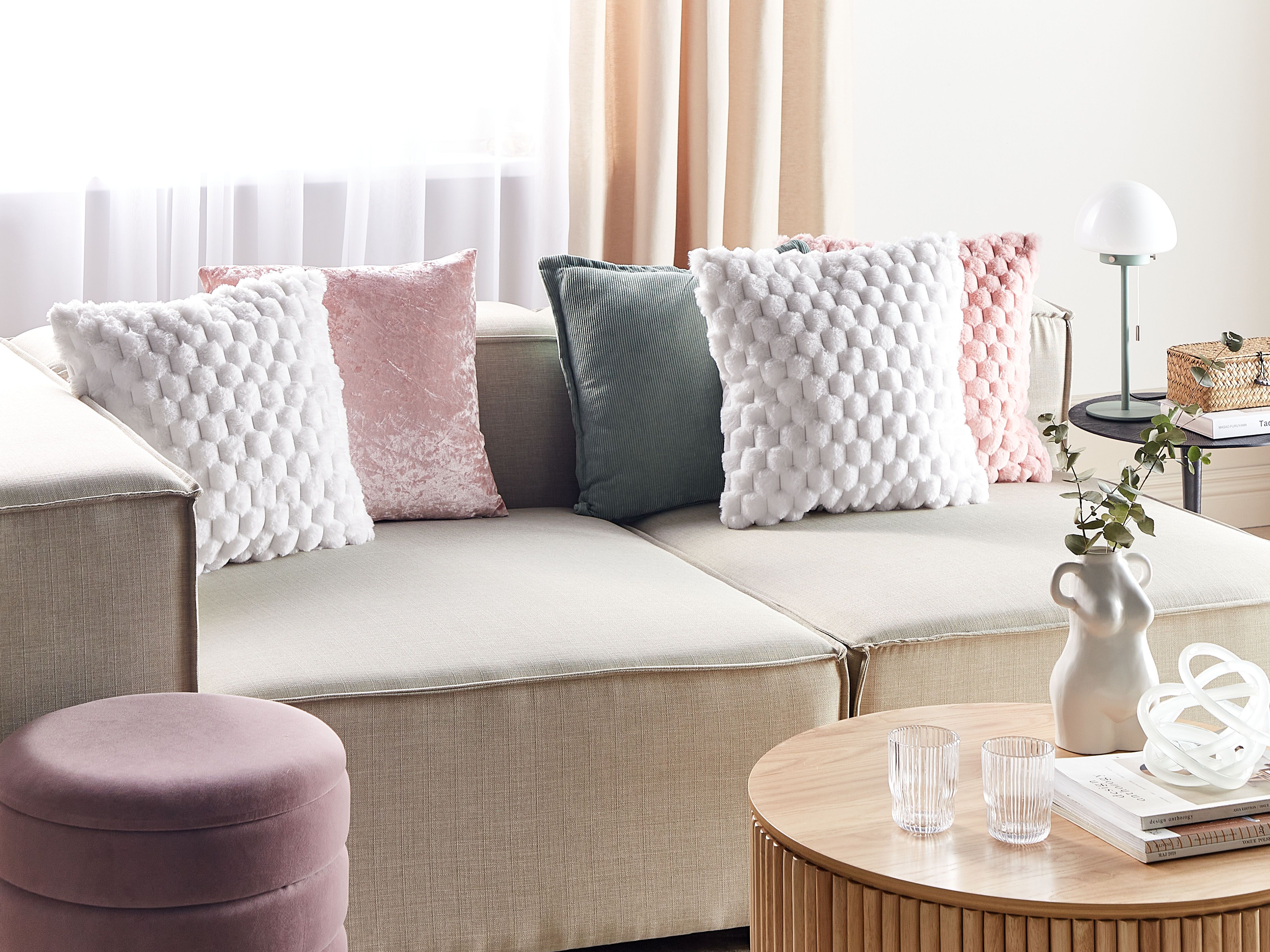 Set of 2 Decorative Cushions PURSLANE Faux Fur 43 x 43 cm White Geometric Pattern