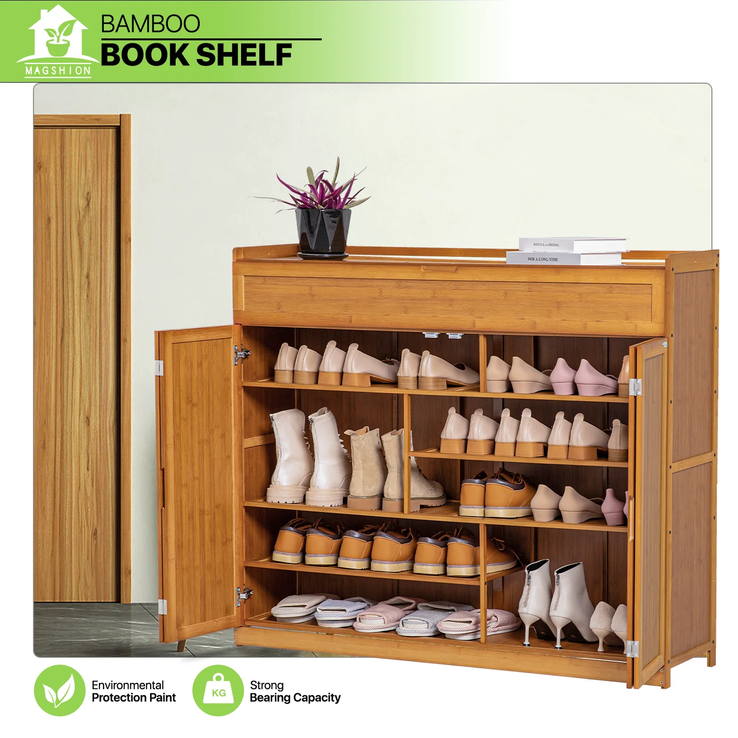 Magshion Bamboo 6 Tier 30 Pairs Shoe Organizer Cabinet with Folding Door Compartment Heels Boots, Brown, for Home - Image 2