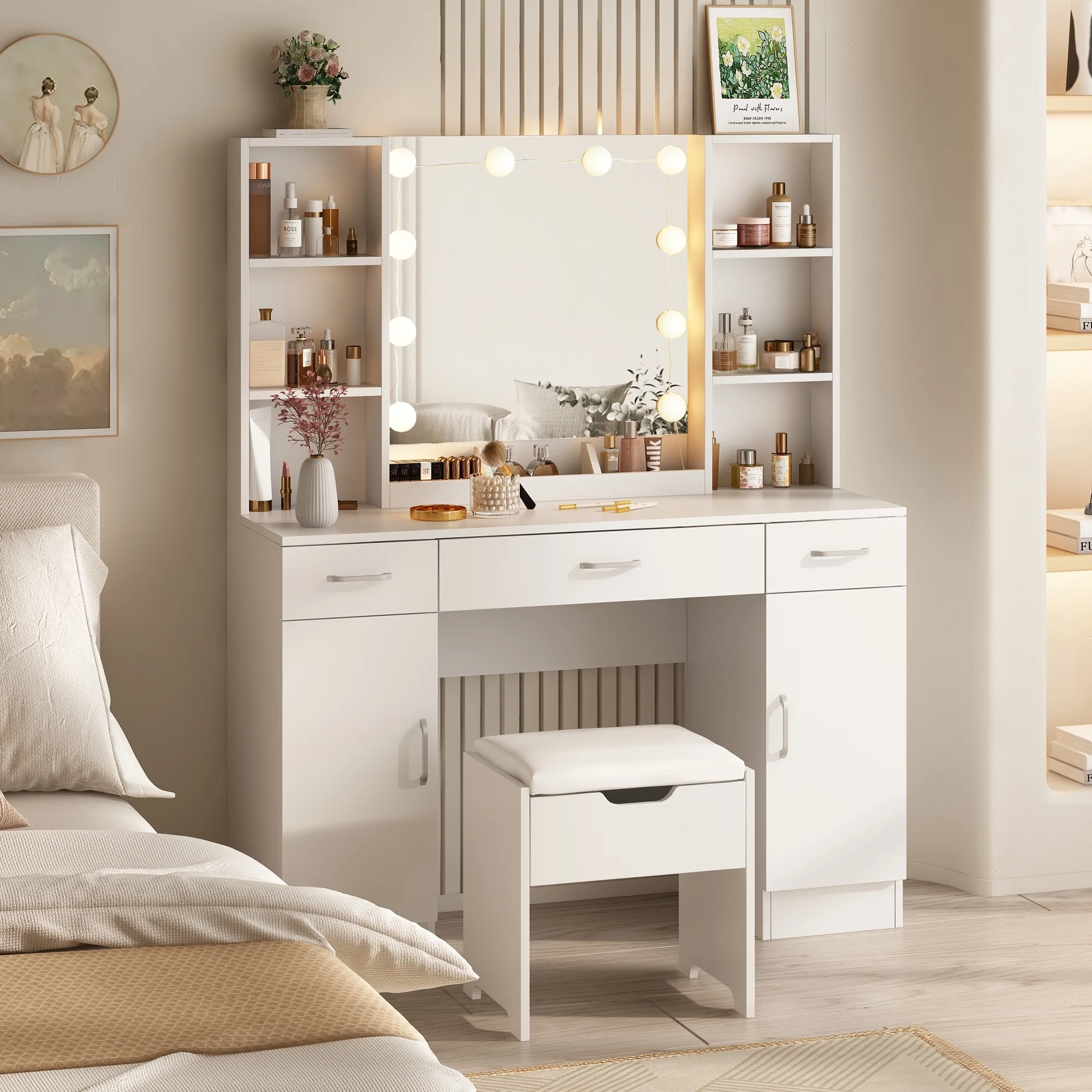 VEANERWOOD Large Makeup Vanity Set with Light Modern Makeup Vanity Table with Storage and Adjustable Lighting Colors for Bedroom 45.2in, White - Image 14