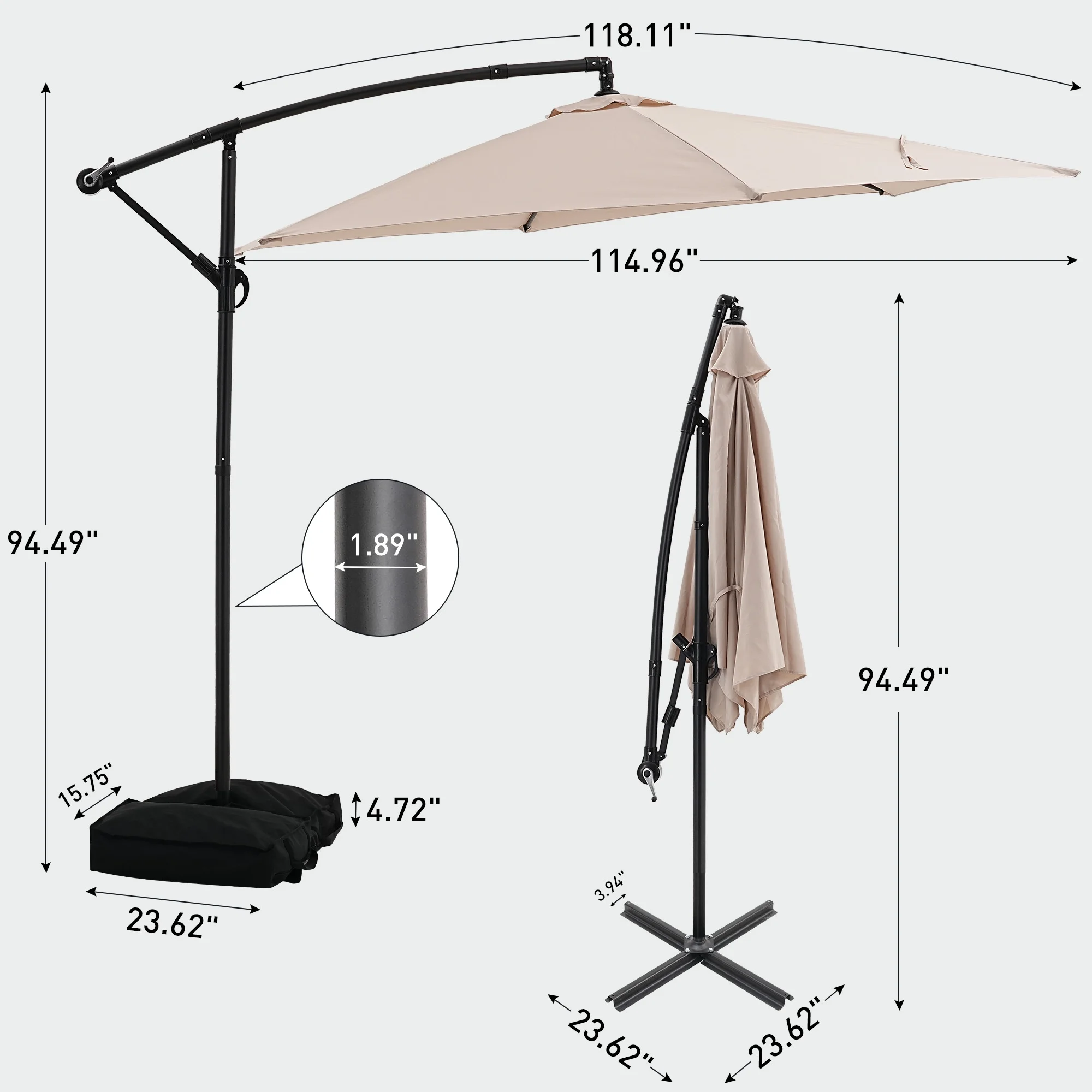 Ainfox 10ft Cantilever Patio Umbrella with Lights, Offset Market Umbrella with Sandbags Weighted Base and Cross Base,Khaki - Image 22