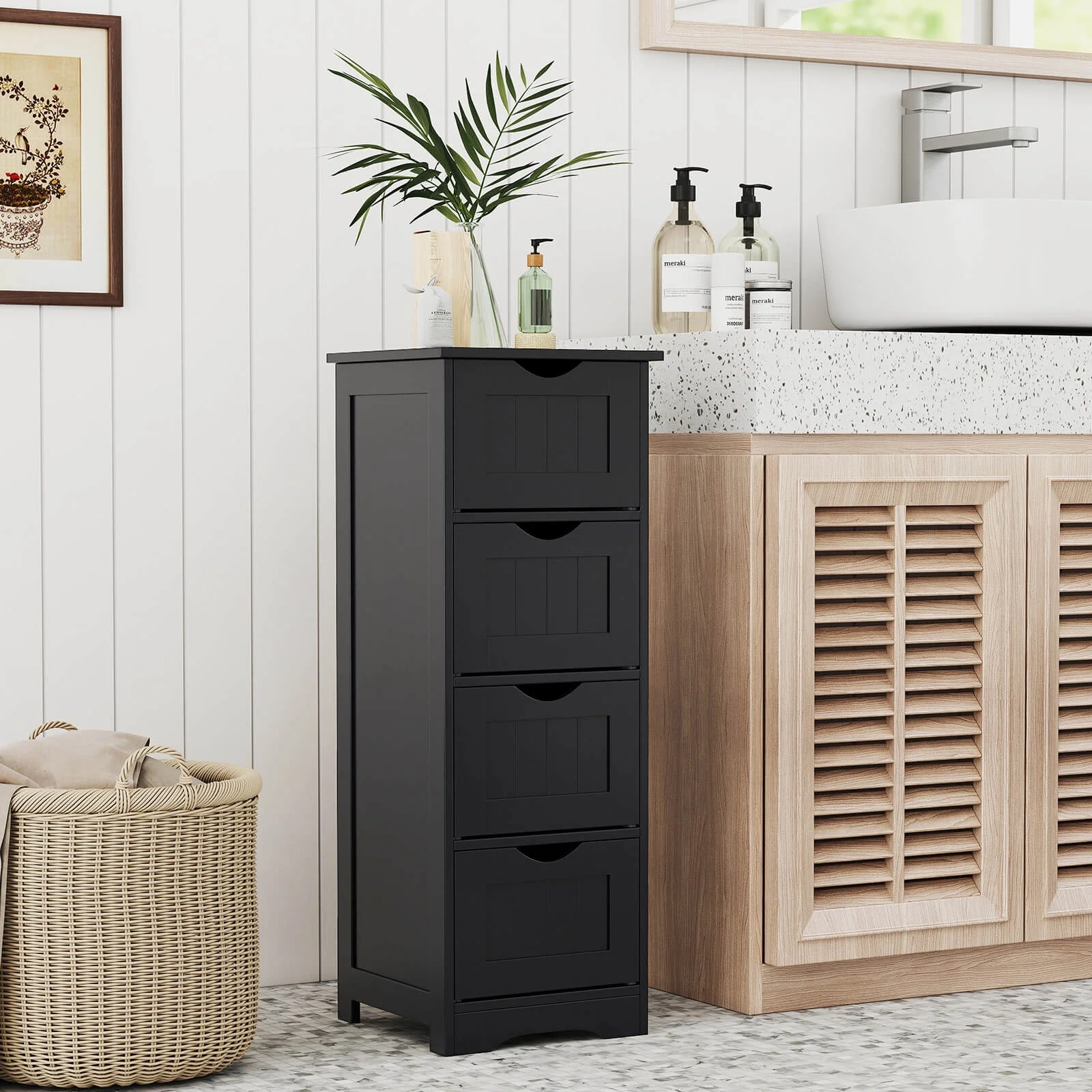 Costway 32.5'' Bathroom Floor Cabinet with Anti-tipping Device Freestanding Towel Cabinet Black