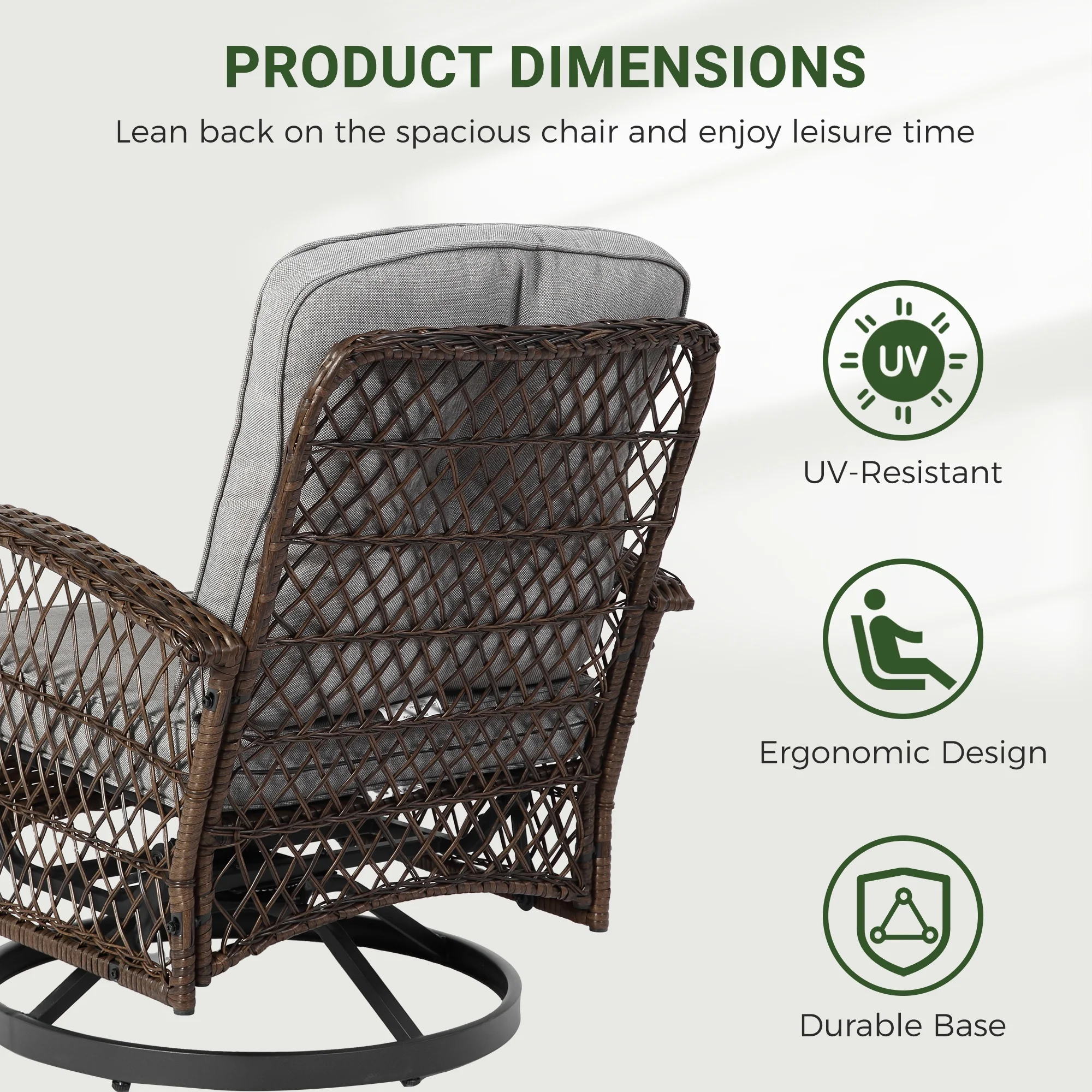 3 Piece Patio Swivel Rocker Chairs Set, 2 360-Degree Swivel Rocking Chairs with 1 Glass Top Table, PE Rattan Outdoor Bistro Set with Cushions for Balcony Deck Poolside Backyard Porch - Image 32