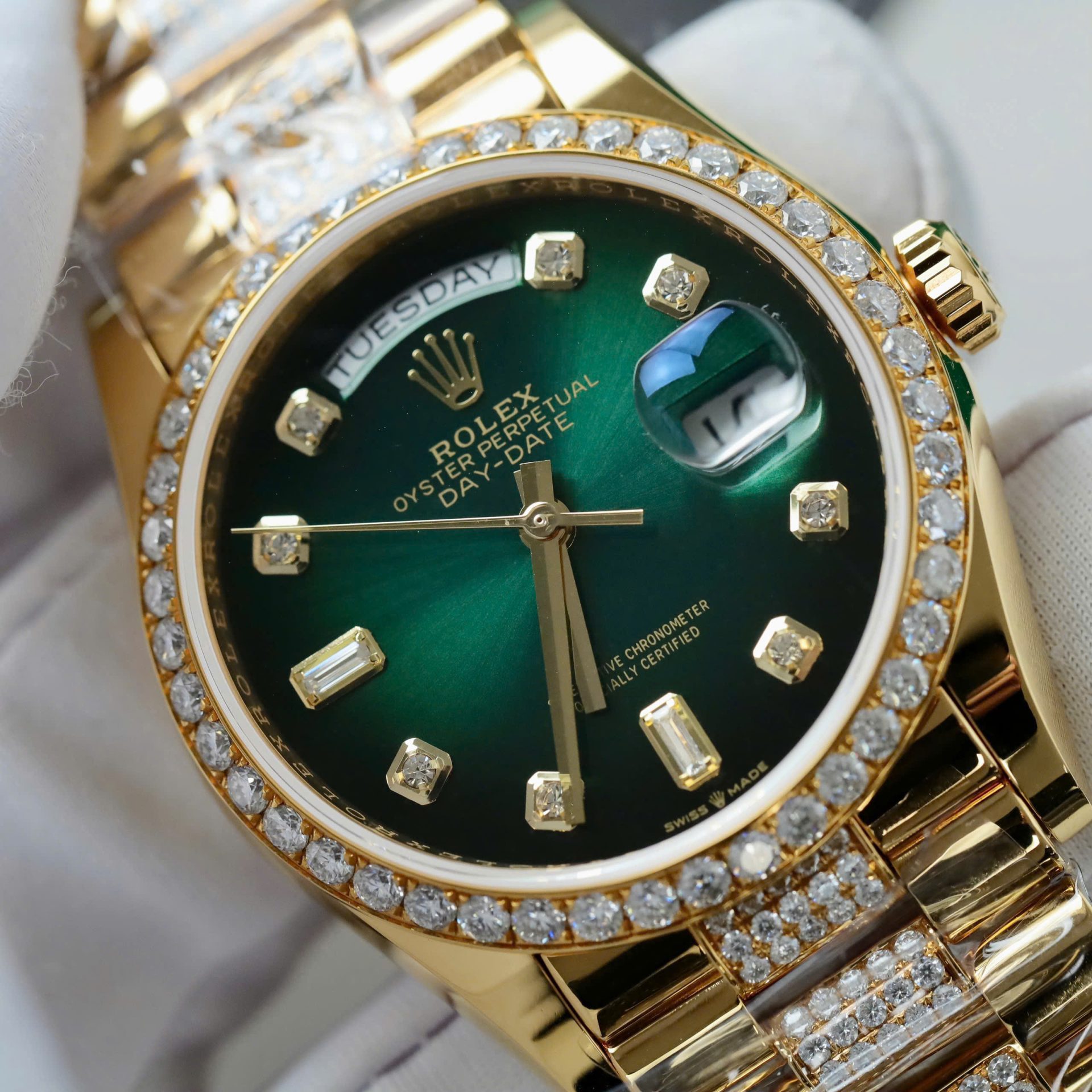 Rolex Day-Date Dial Green Ombre Copies Watch Gold Wrapped + Diamonds Moissanite Custom 36mm - Elite Watch Atelier