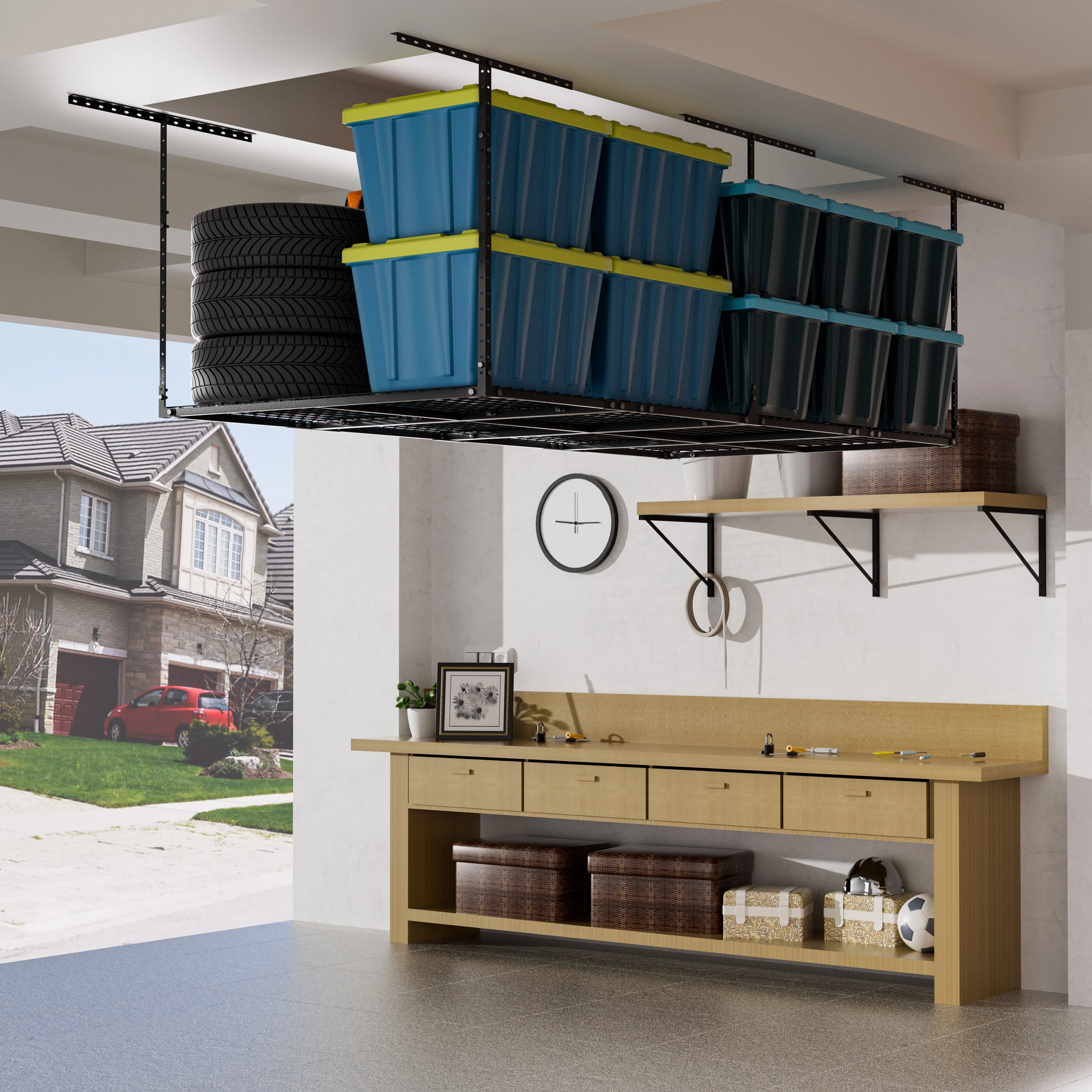 4 x 8FT Overhead Garage Storage Rack, Adjustable Ceiling Storage Racks, Garage Shelving Heavy Duty Storage Organizer System, 600lbs Weight Capacity (Black)