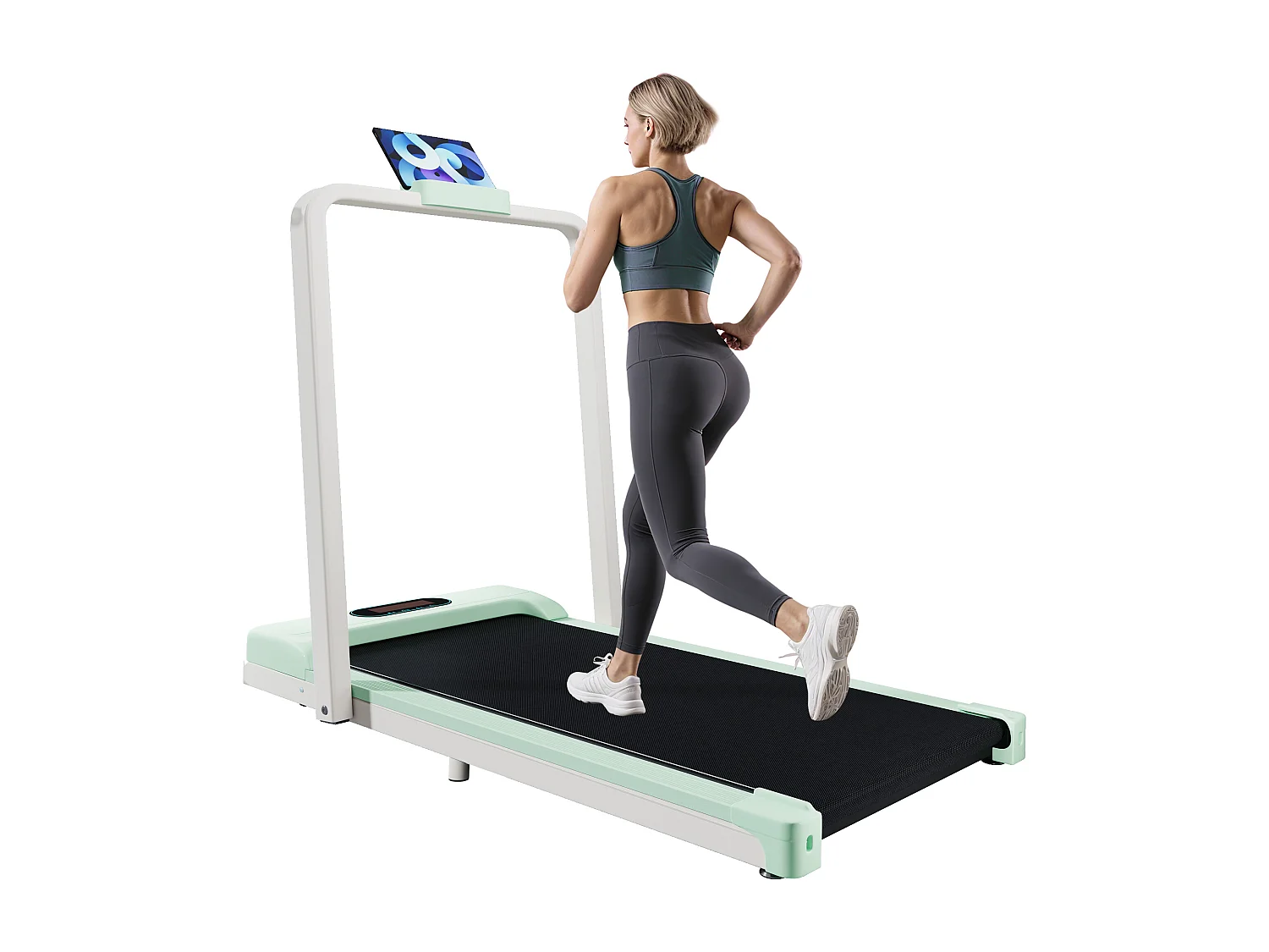 Tapis de marche 2 en 1 119.5x54x105 cm, pliable 12 cm, télécommande, écran LED, haut parleur Bluetooth, métal vert