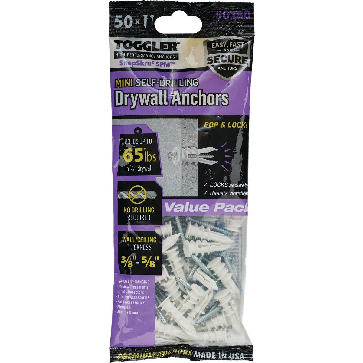 Toggler SnapSkru #6 x 1-1/4 In. 65 Lb. Nylon Self-Drilling Mini Drywall Anchor (50-Count)