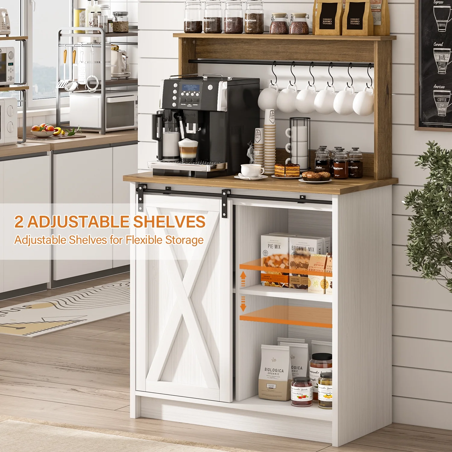 Catrimown Coffee Bar Cabinet, Barn Door Sideboard Buffet Cabinet with Storage, White - Image 7