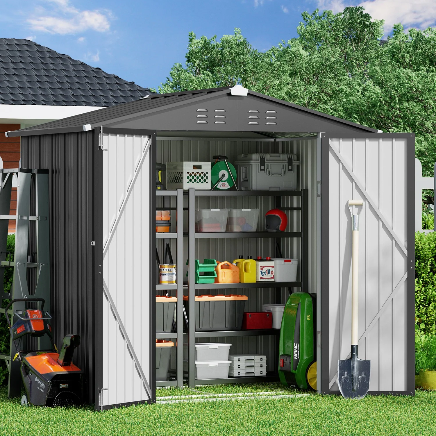 5'x3' Outdoor Storage Shed, Lofka Metal Storage Tool Shed with Single Lockable Door, for Bike| Garden Tools| Patio, Grey - Image 35