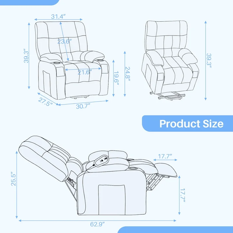 Simenmax Recliner Chair with Massage and Heating, Home Theater Seating with Lumbar Support, Adjustable Electric Power Lift Chairs, Gray - Image 10