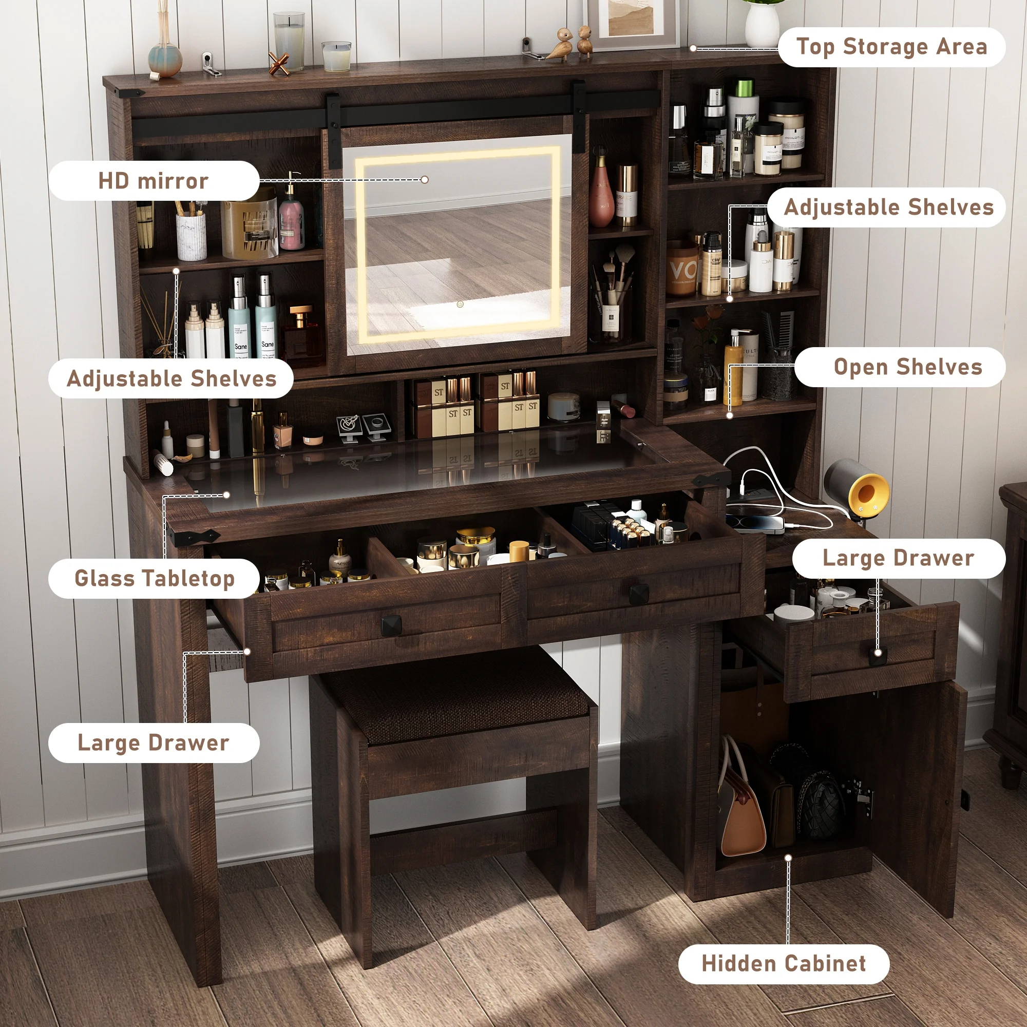 Blotout 47.2" Farmhouse Rustic Makeup Vanity Desk with Sliding Mirror and Lights, Glass Top Vanity Set with Charging Station & 3 Drawers & 1 Cabinet & Stool, Big Vanity (White) - Image 16