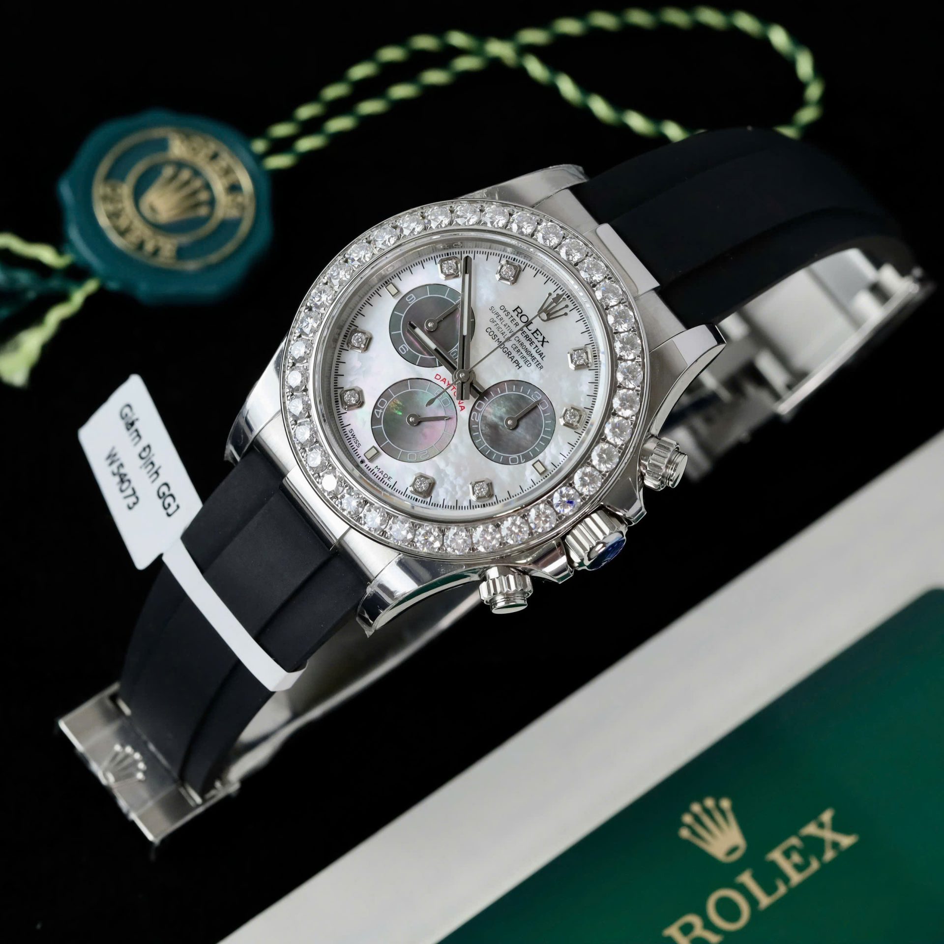 Rolex Daytona Dial MOP Replica Watch Number Pile + Bezel Diamonds Moissanite Custom 40mm - Elite Watch Atelier