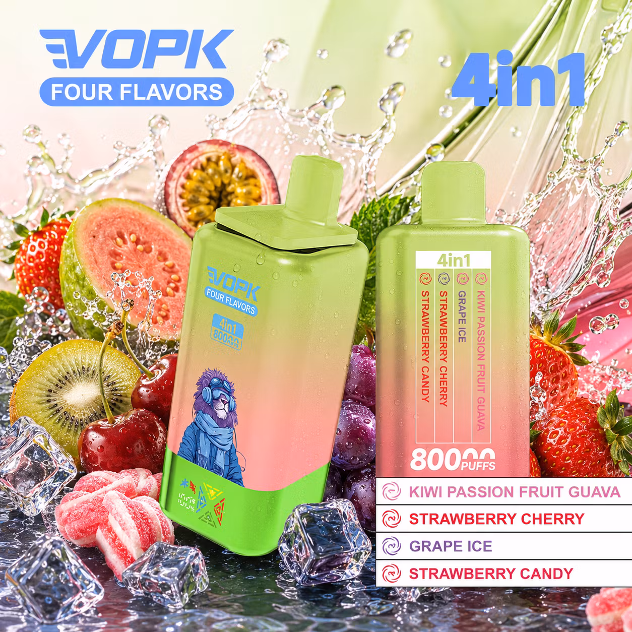 VOPK 80 000 puffów 4w1 – Kiwi Passion Fruit Guava, Strawberry Cherry, Grape Ice, Strawberry Candy