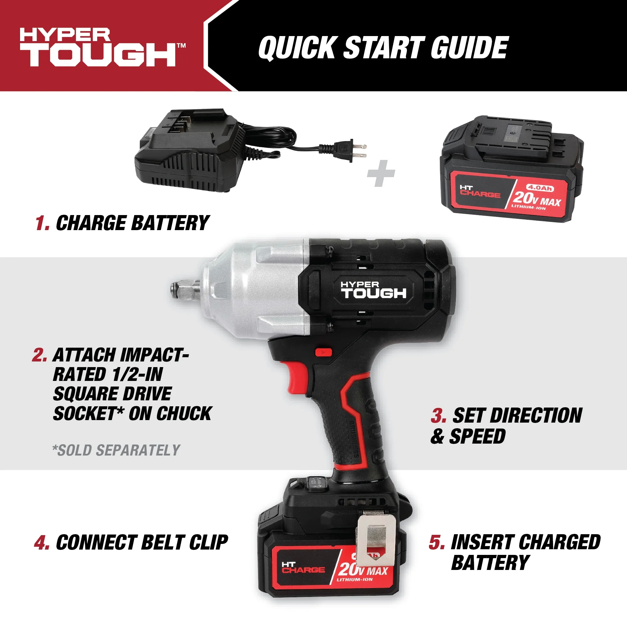 Hyper Tough 20V Max Brushless 1/2-inch High-Torque Cordless Impact Wrench with 4.0Ah Lithium-Ion Battery and Charger - Image 12