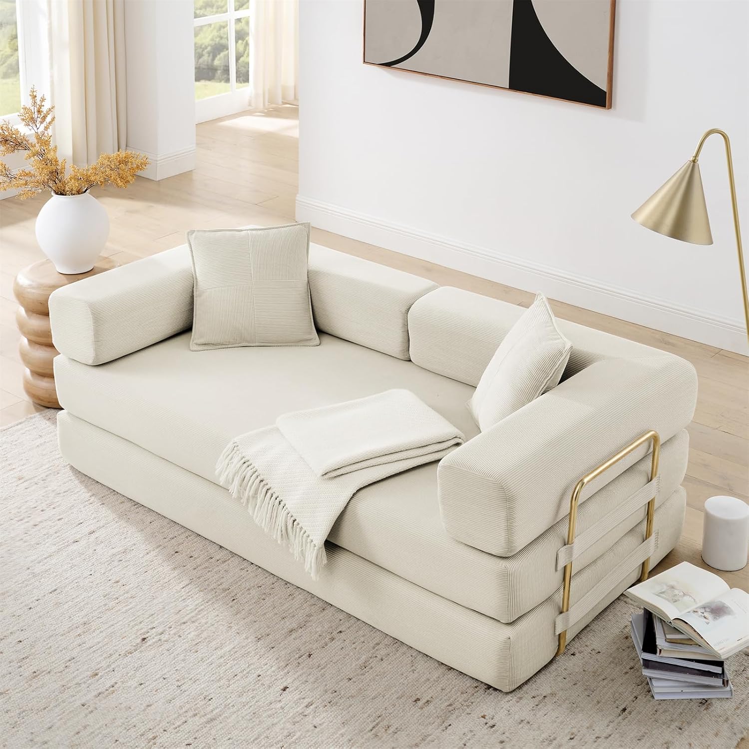 Convertible Folding Sofa Bed, Modern Futon Sleeper Sofa Fold Out Couch Bed with Gold Fixed Frame, Modular Floor Sofas Comfy Corduroy Boneless Couches for Living Room (78