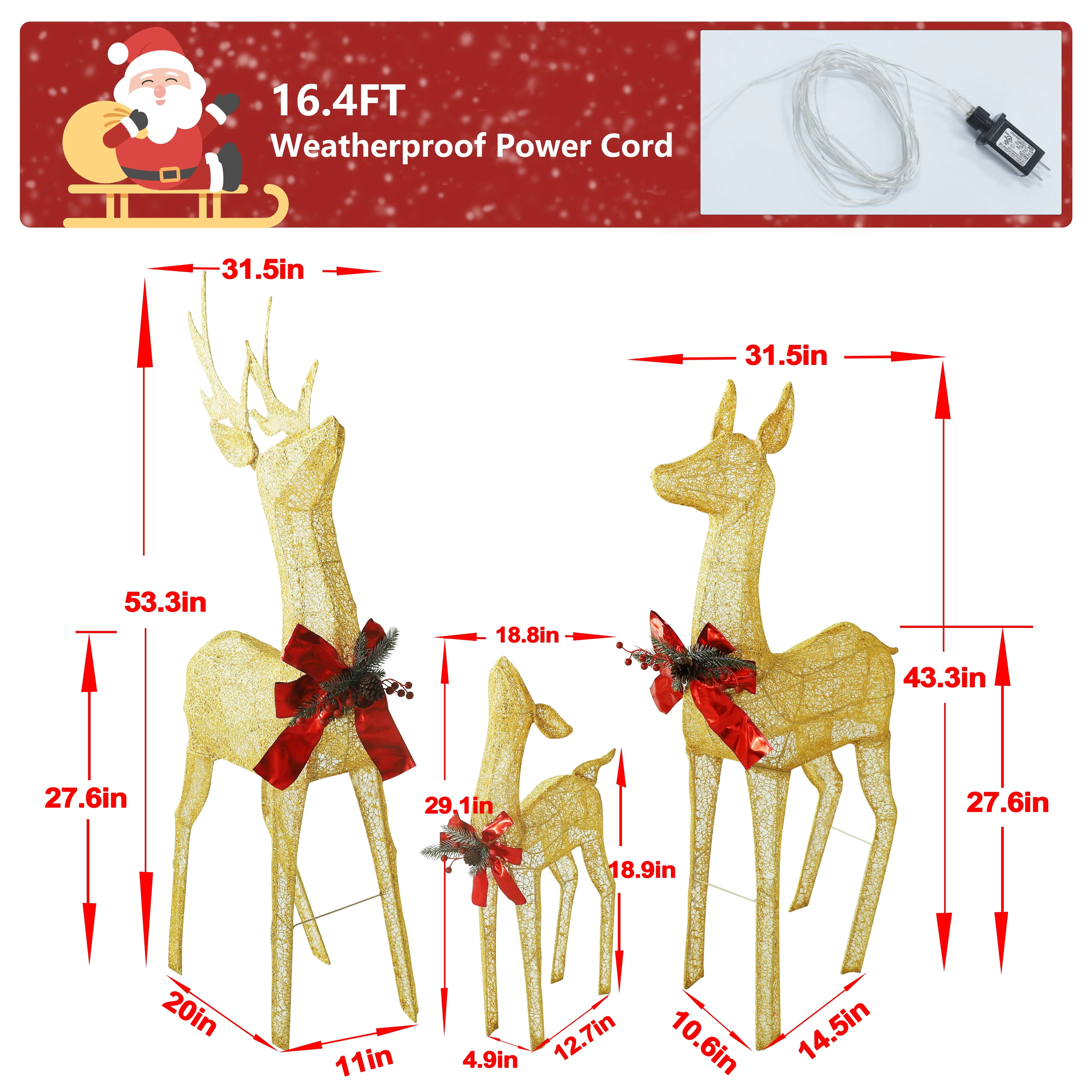 VEIKOUS Christmas Lighted Deer Family Set Outdoor Decor w/ 200 Warm Lights Reindeer Christmas Decor, Ground Stakes and Zip Ties, Gold - Image 3