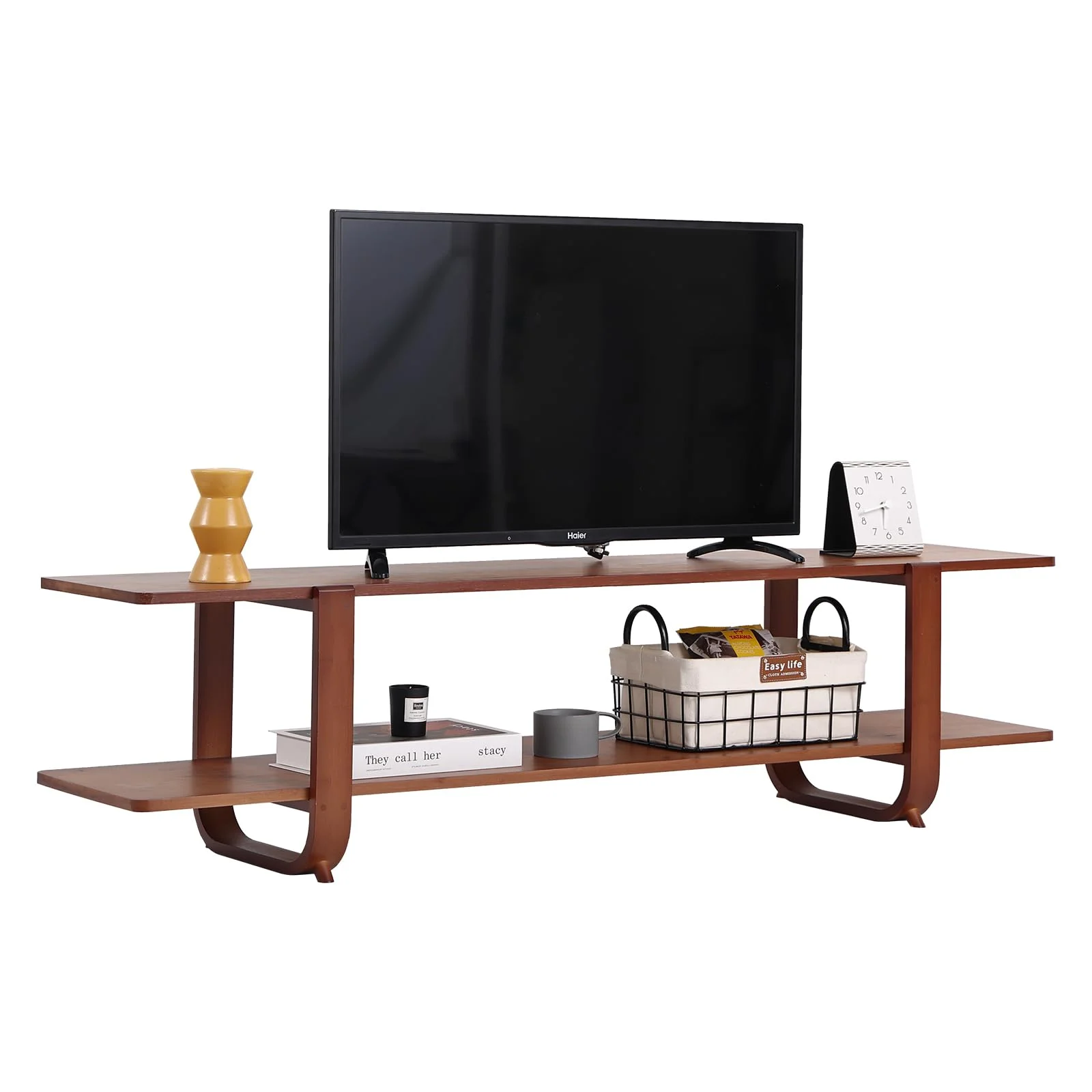 Bamboo TV Stand for Up to 65 Inch, Mid Century Modern Entertainment Center with 2-Tier Open Shelves, Storage Media Console Table for Living Room, Bedroom, Walnut