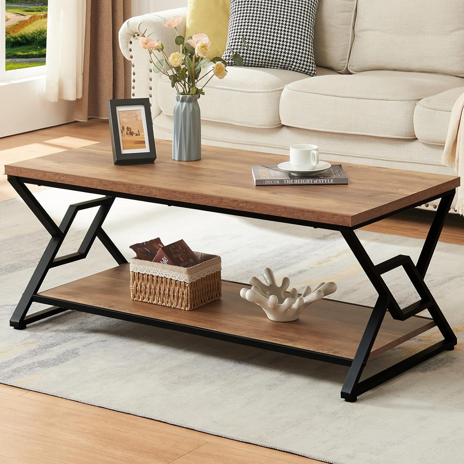 HOMISSUE Coffee Table, Rustic Rectangle Coffee Table with 2-Tier Storage, Engineered Wood Center Table with Open Shelves, Minimalist Coffee Table for Living Room, 47 Inch, Oak Brown