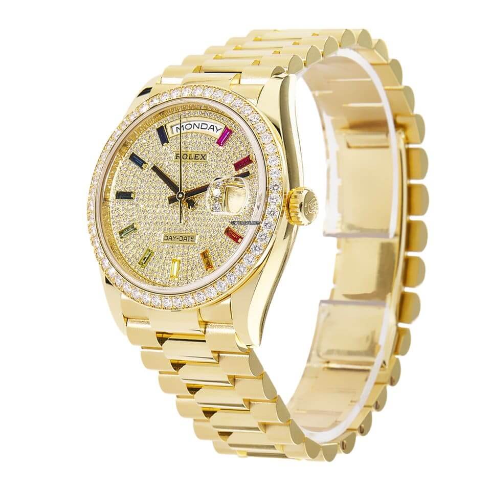 Rolex Day-Date Yellow Gold With Pave Diamond Dial Sapphire 128348RBR-0030 Replica - Elite Watch Atelier