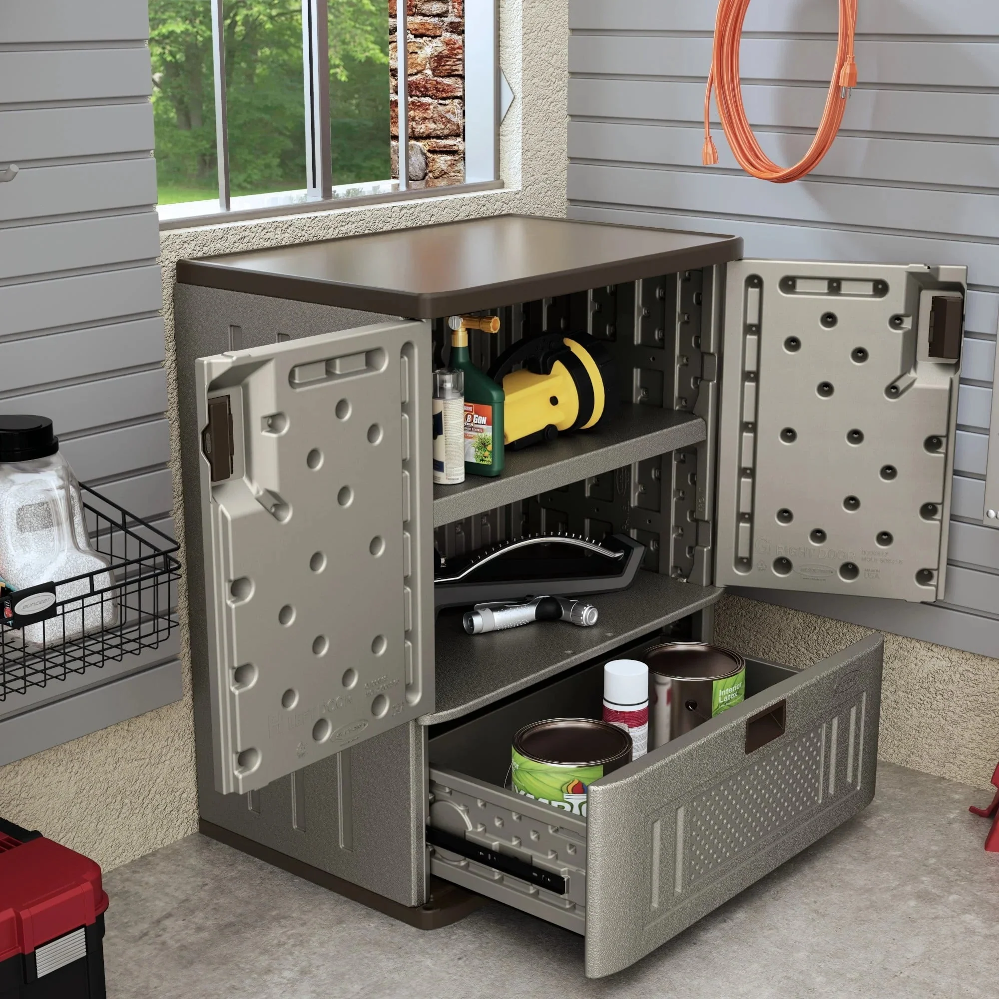 Suncast Single Drawer Resin Base Storage Cabinet - Platinum Metallic