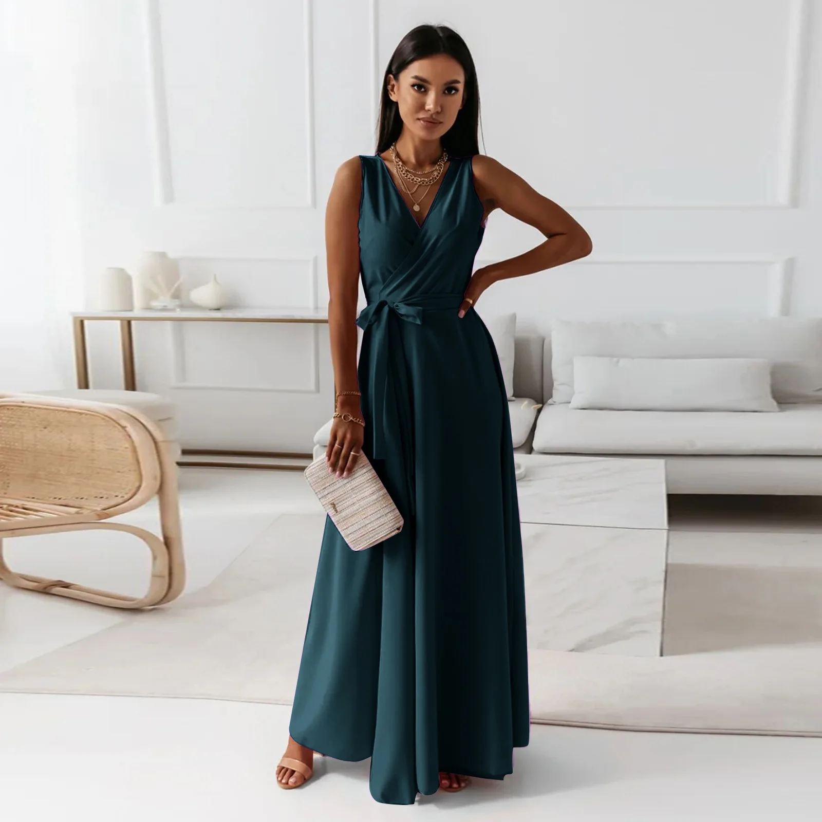 2025 Dresses For Women White Sleeveless Sexy Loose V Neck Solid Color Long Dresses Elegant Party Evening Robe Vestidos - AZJHJ