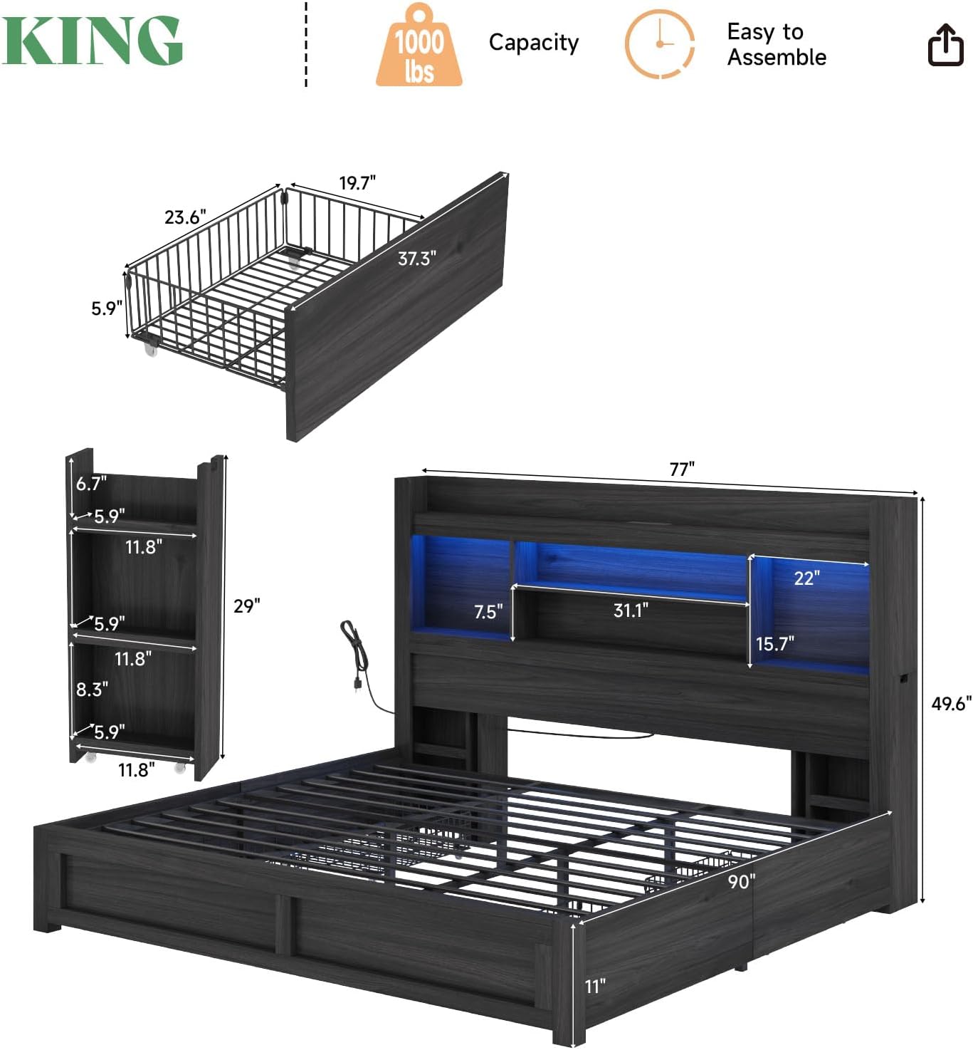 AMERLIFE King Size Bed Frame with 4 Storage Drawers, LED Bed Frame with 49.6