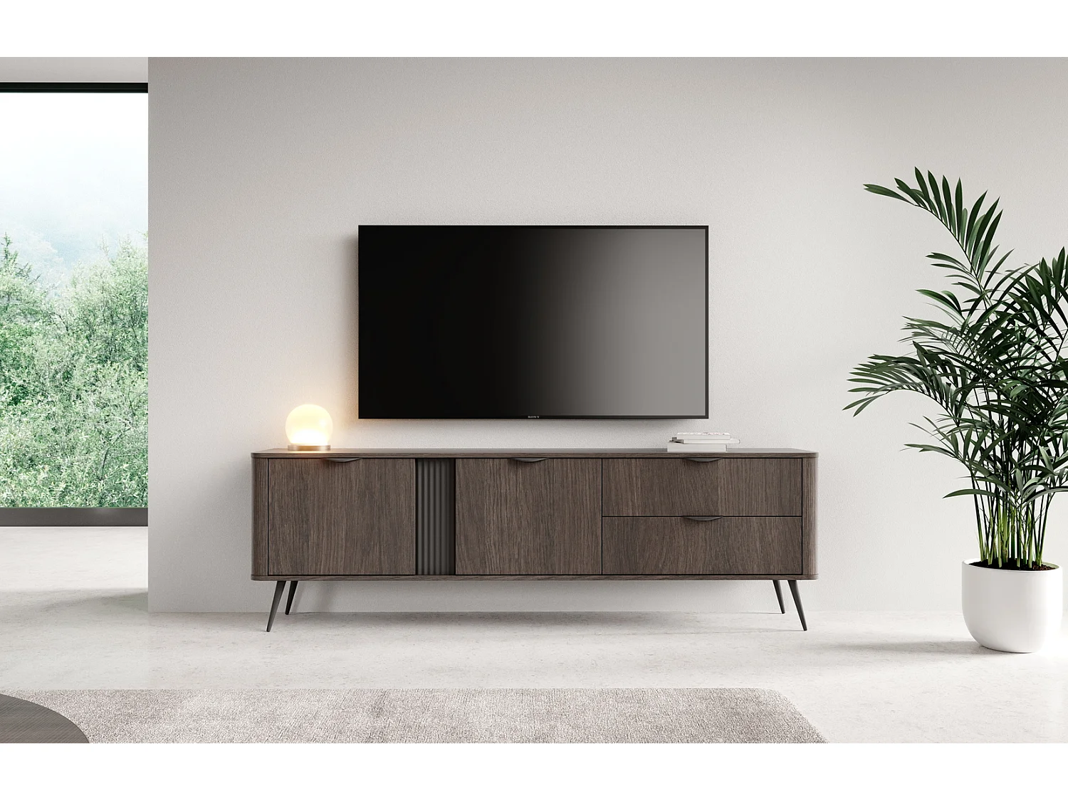 Meuble TV avec tiroirs Estera - 2 portes, bois foncé - large commode TV pour le salon sur pieds - chêne Dunin