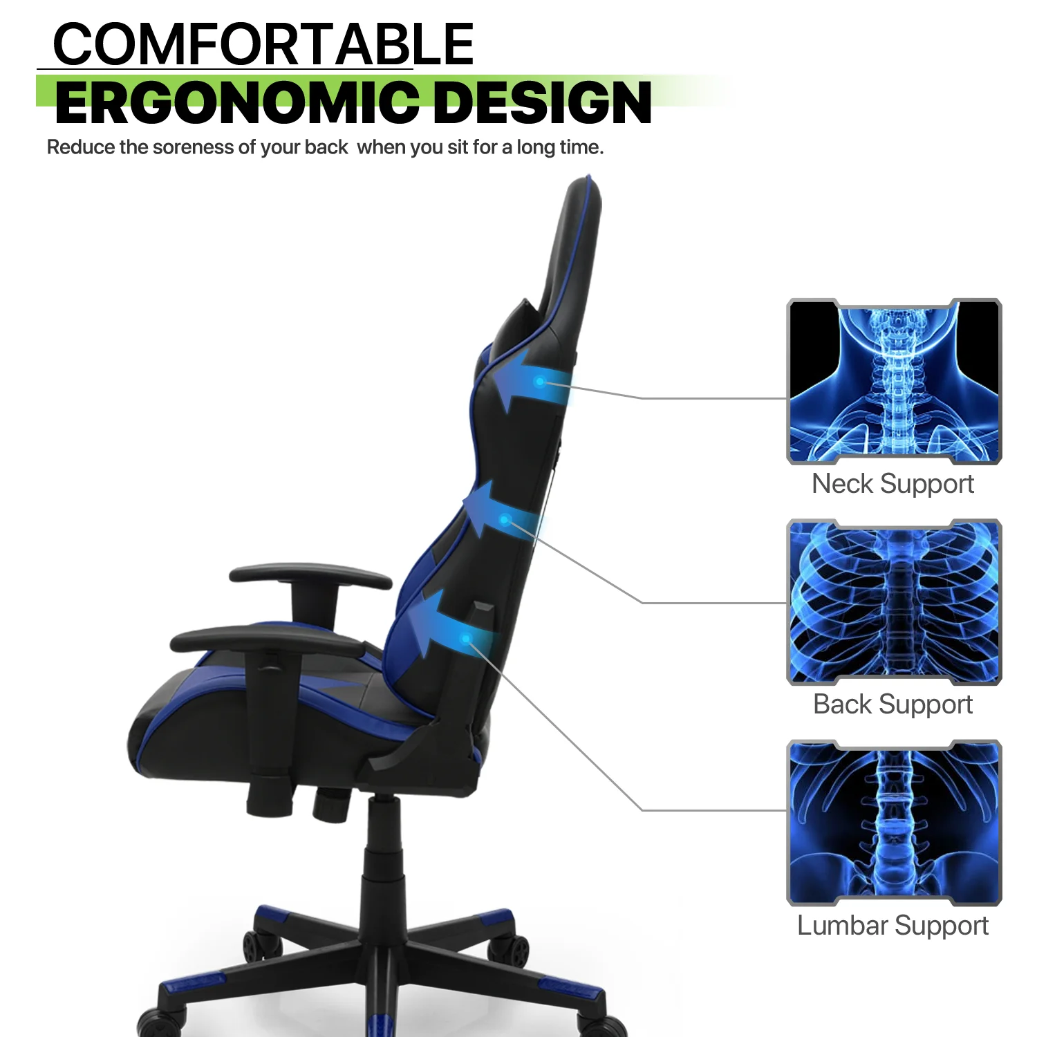 Magshion Ergonomic Gaming Chair, Comfortable Gaming Chair, Computer Chair Leather Desk Chair Adjustable Swivel Gaming Office Chair, Blue - Image 14