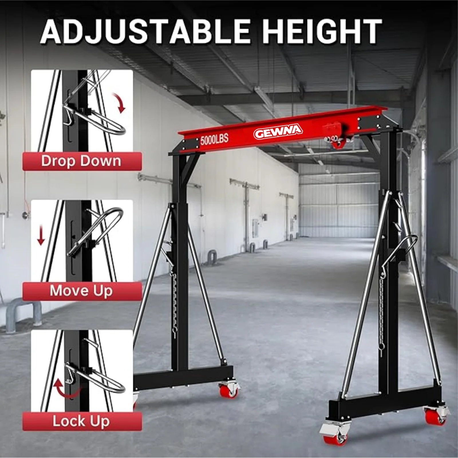 Gewna Adjustable Steel Gantry Crane, 2 Ton/ 5000 lb Capacity, 8.2-12.5ft, Portable Lift Hoist on Wheels with Manual Trolley - Image 5