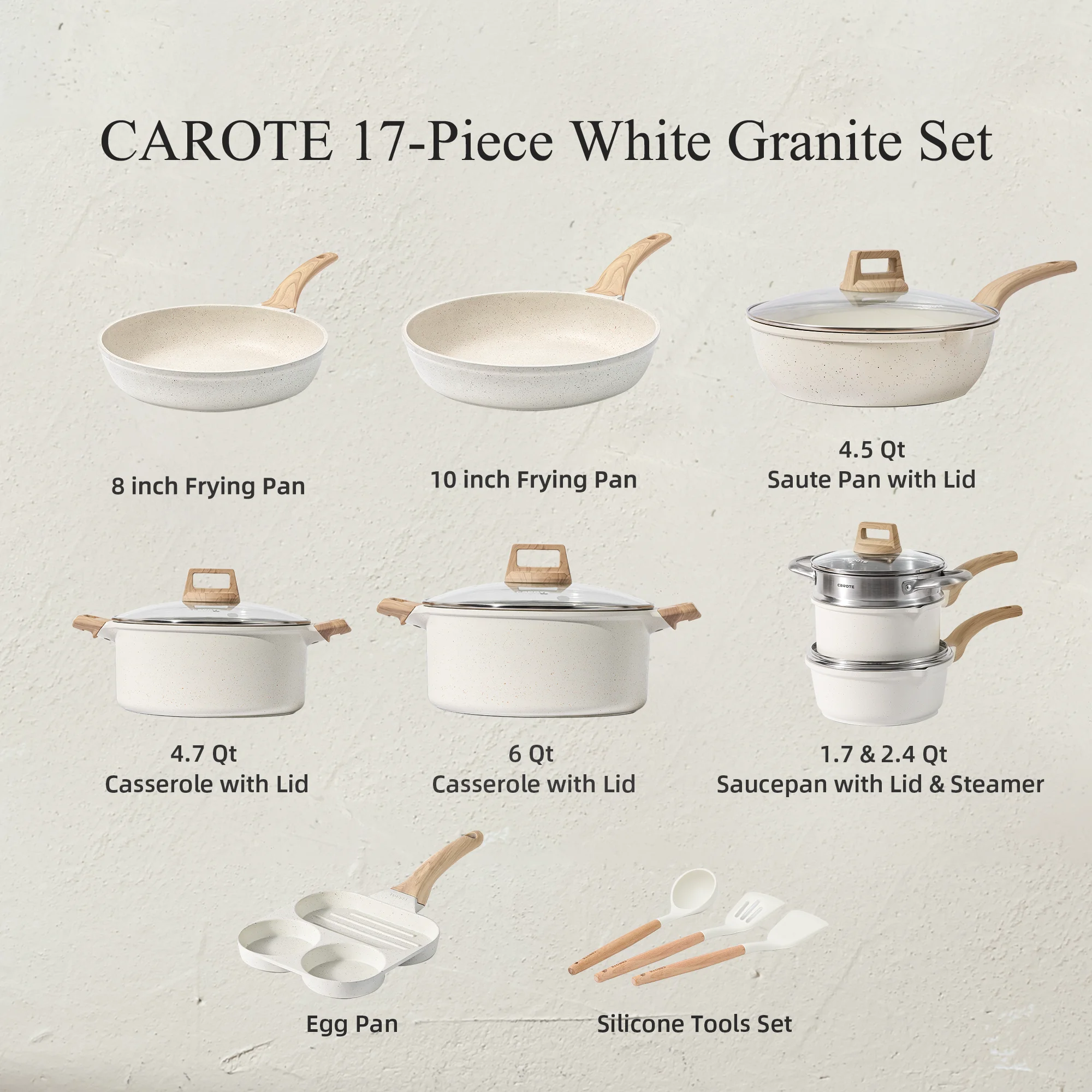 Carote Nonstick Cookware Sets, 24 Pcs Granite Non Stick Pots and Pans Set, Induction Cookware, White - Image 10