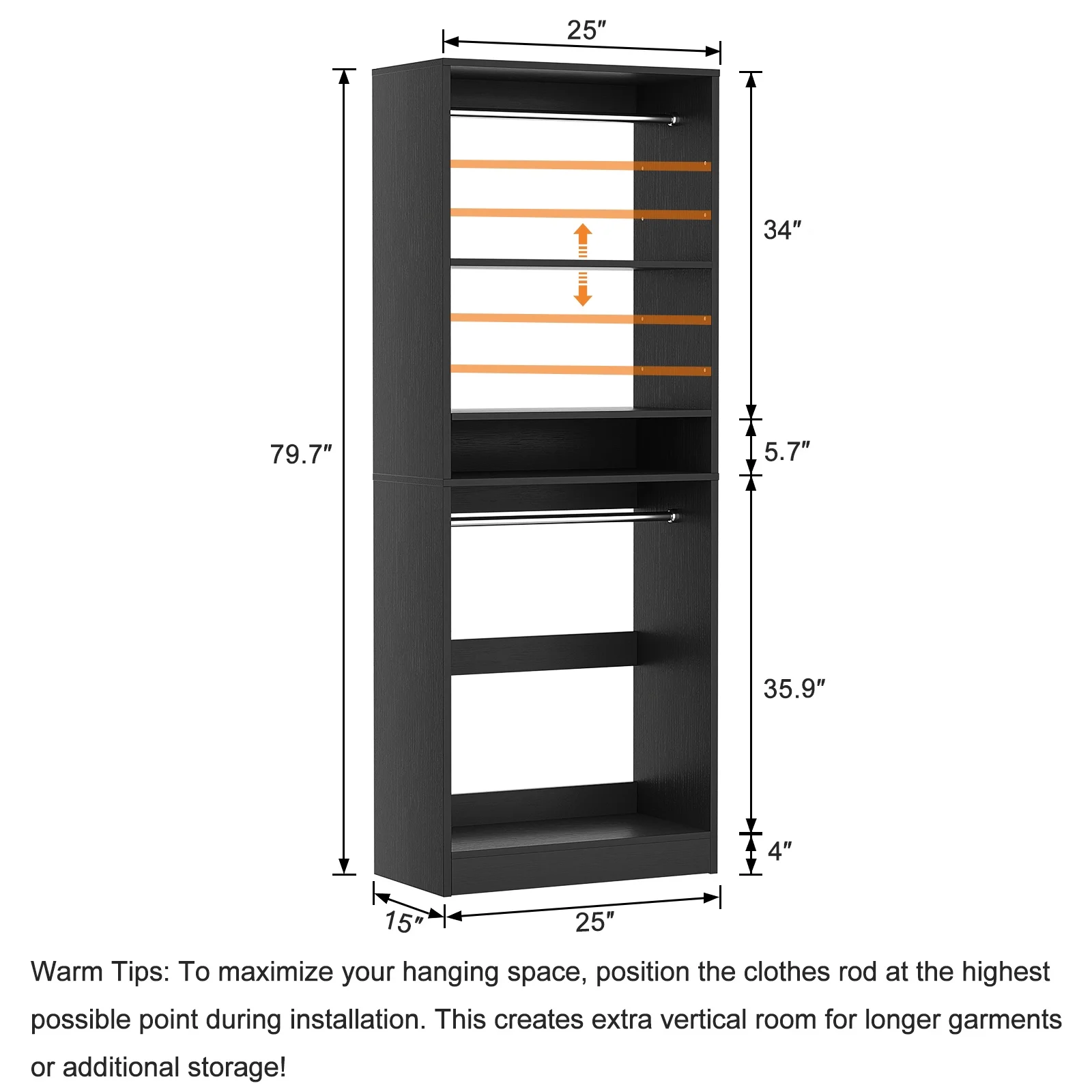 Homieasy 25�?Closet System, Freestanding Closet Organizer Wardrobe with Hanging Rods and Shelves, Adjustable Clothes Garment Rack, Sturdy Walk in Closet Tower, White - Image 18