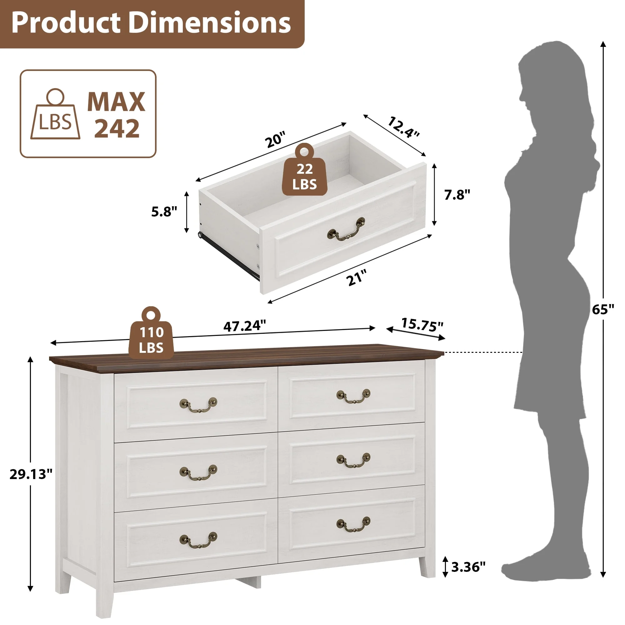 GIKPAL White Dresser for Bedroom, 6 Drawers Wood Dresser with Antique Handles, Farmhouse Rustic Chest of Drawers for Bedroom, Living Room, Entryway & Hallway - Image 11