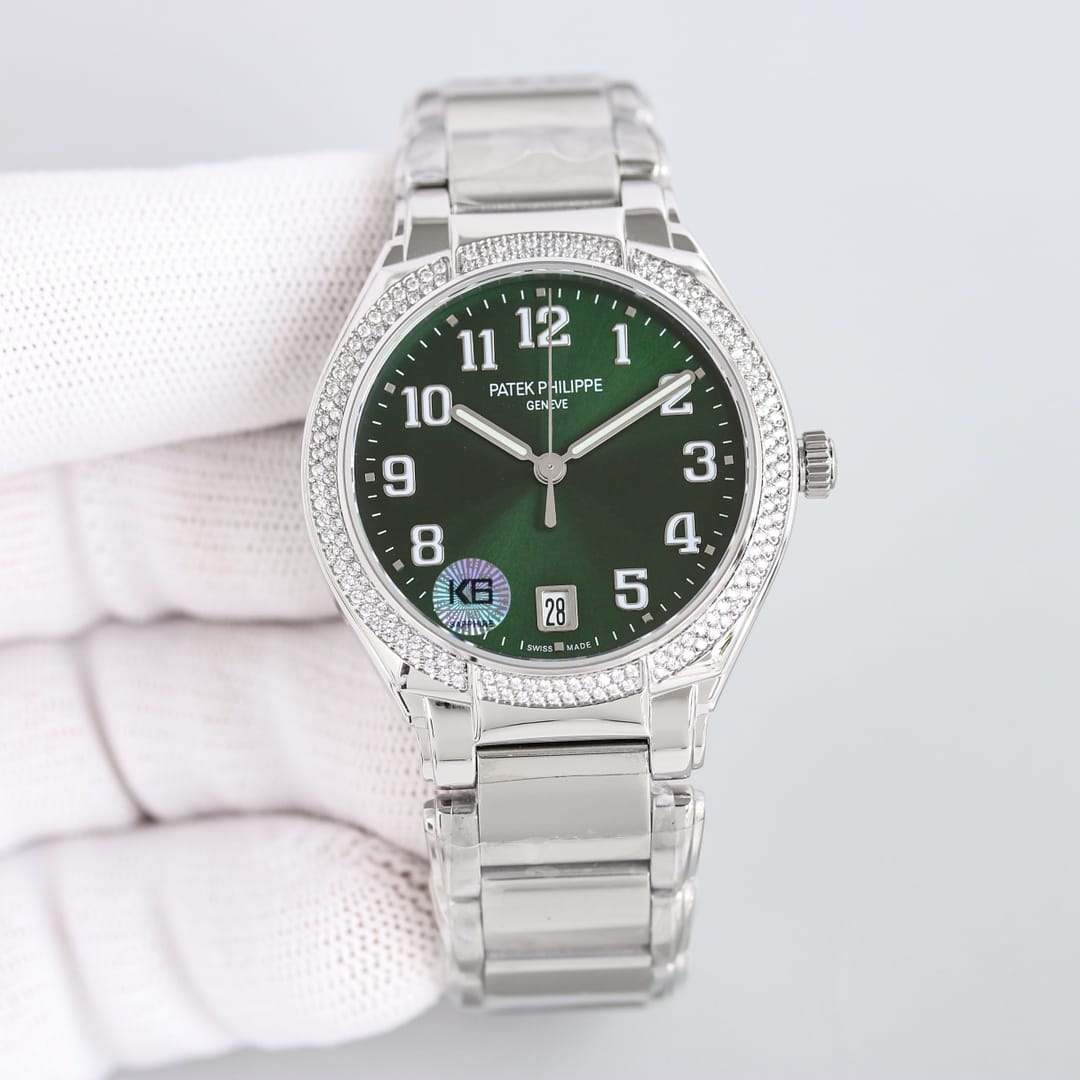Fake Diamond Watch For Women Patek Philippe Replica Twenty~4 Ladies Stainless Steel Olive Green Dial 7300/1200A-011(1:1 replica) - Top club