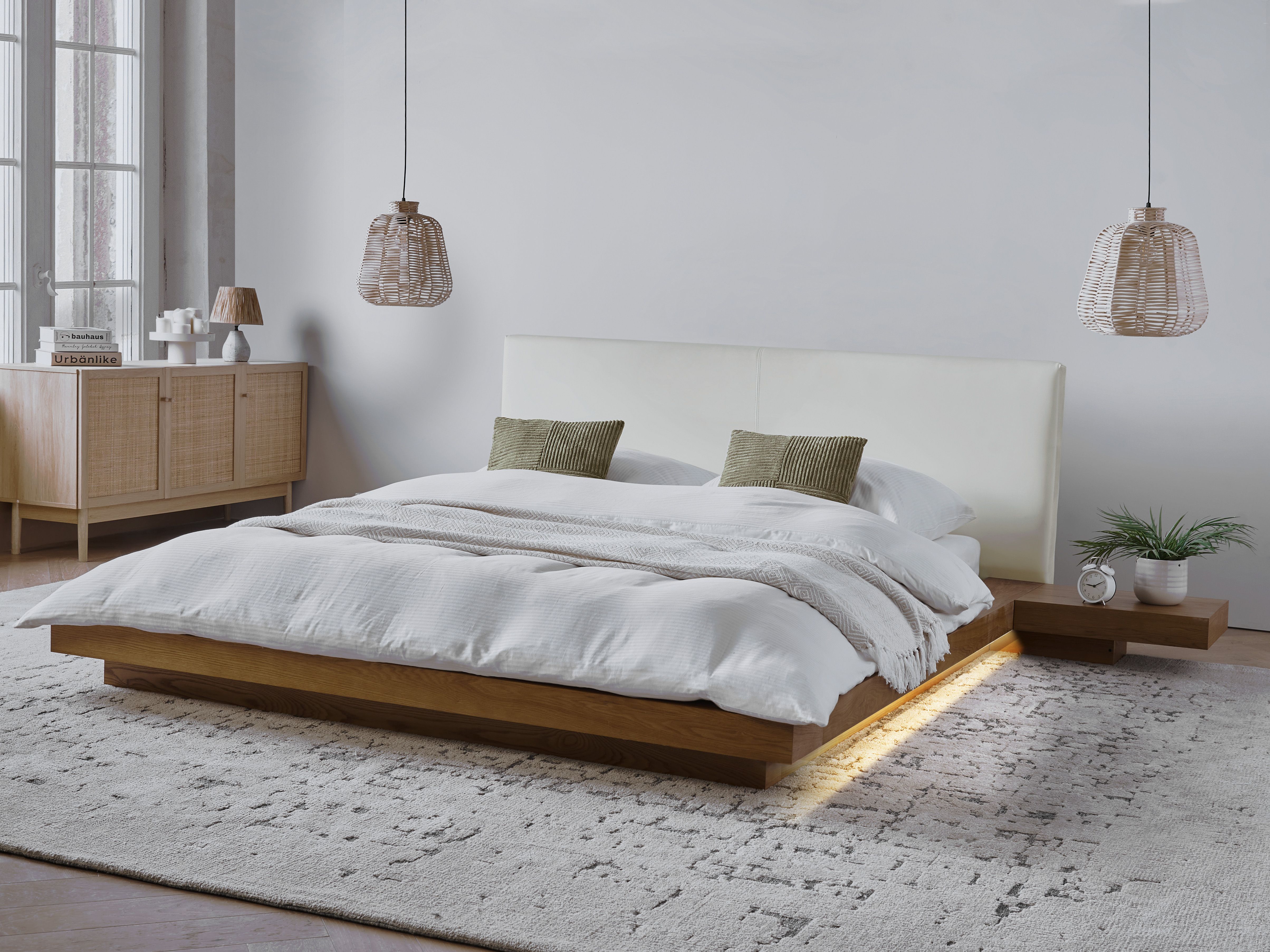 Bed with LED Faux Leather ZEN 160 x 200 cm (EU King Size) Natural Ash Wood
