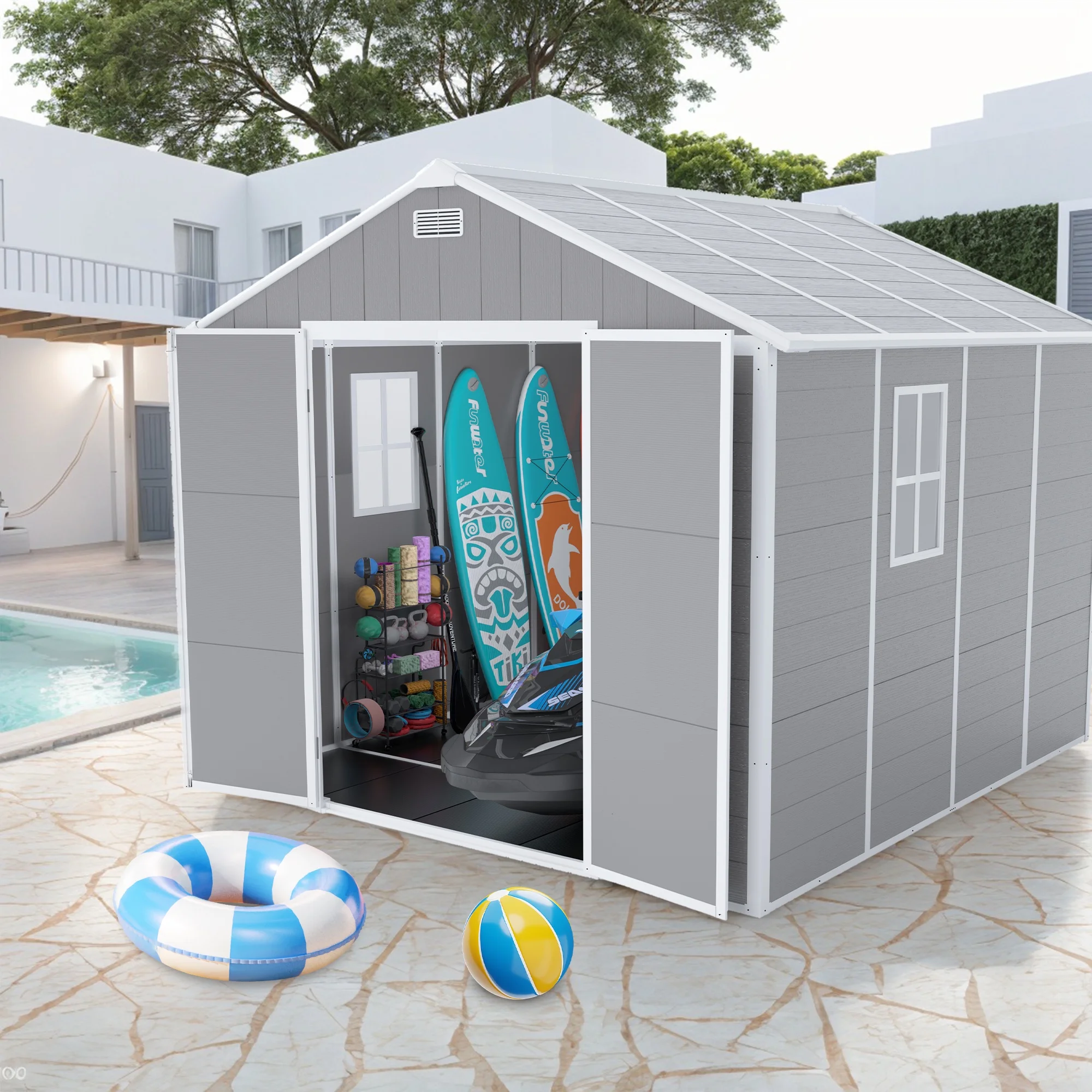 Seizeen Shed and Outdoor Storage, 41 Cu.Ft Small Outdoor Resin Shed with 3 Doors & Floor, 306GAL Deck Box Waterproof Plastic Tool Storage Shed for Cushion Lawn Mower Garbage Cans - Image 41