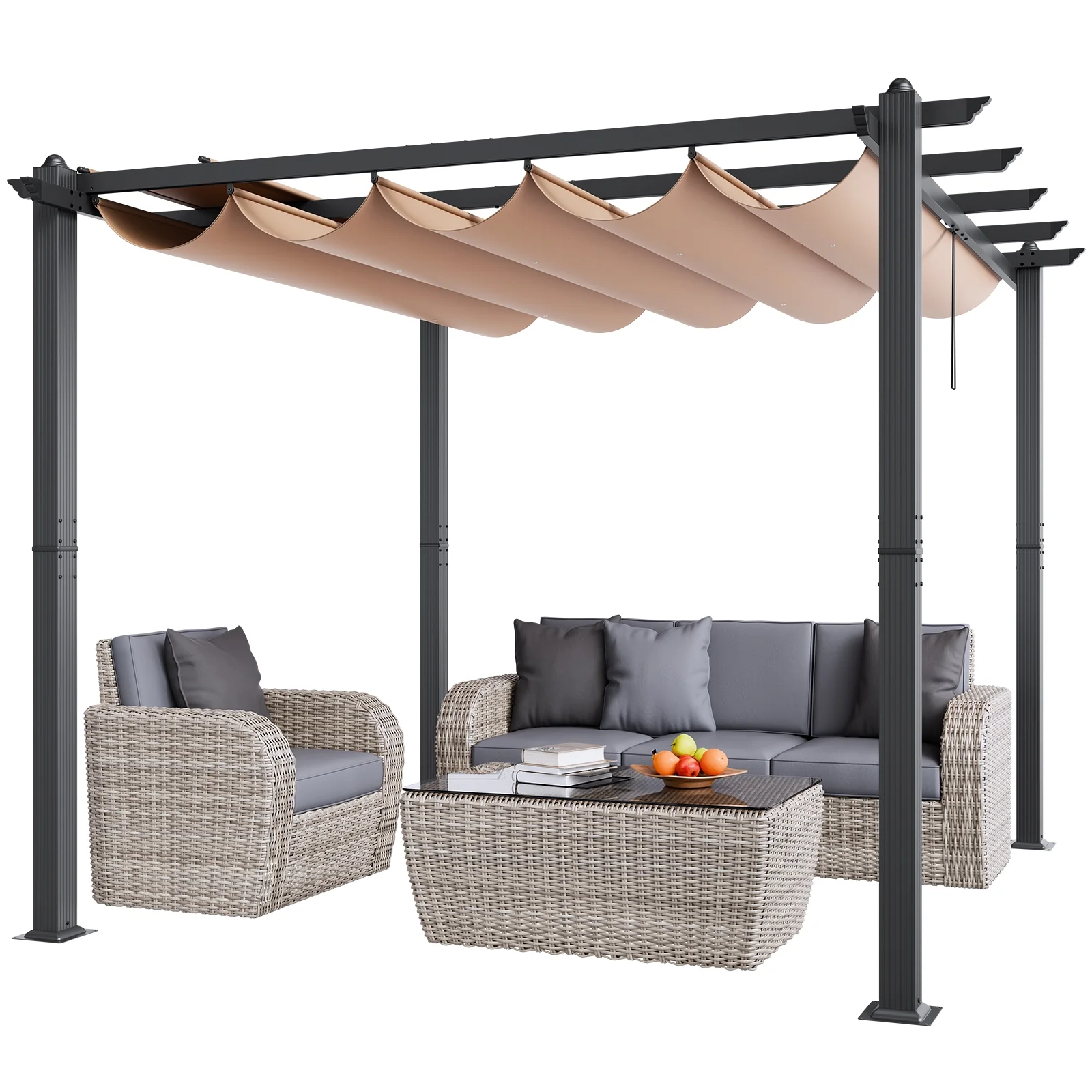 KFFKFF 10'x10' Aluminum Patio Pergola, Retractable Sun Shade Canopy, Ideal for Outdoor Gardens, Decks, and Backyards - Beige - Image 9